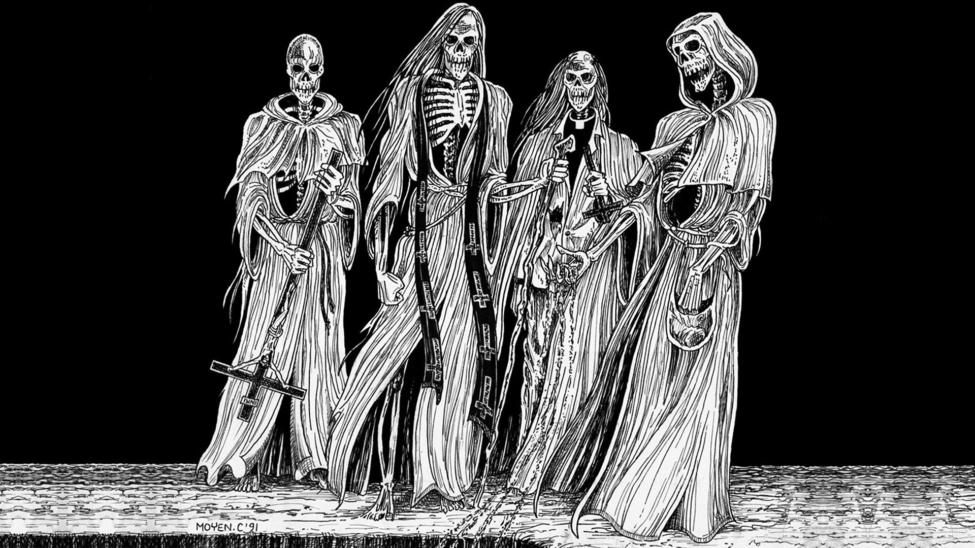 Scheletri, Mietitori, Illustrazione, Bianco e nero, Morte, 16:9 Full HD, sfondo widescreen