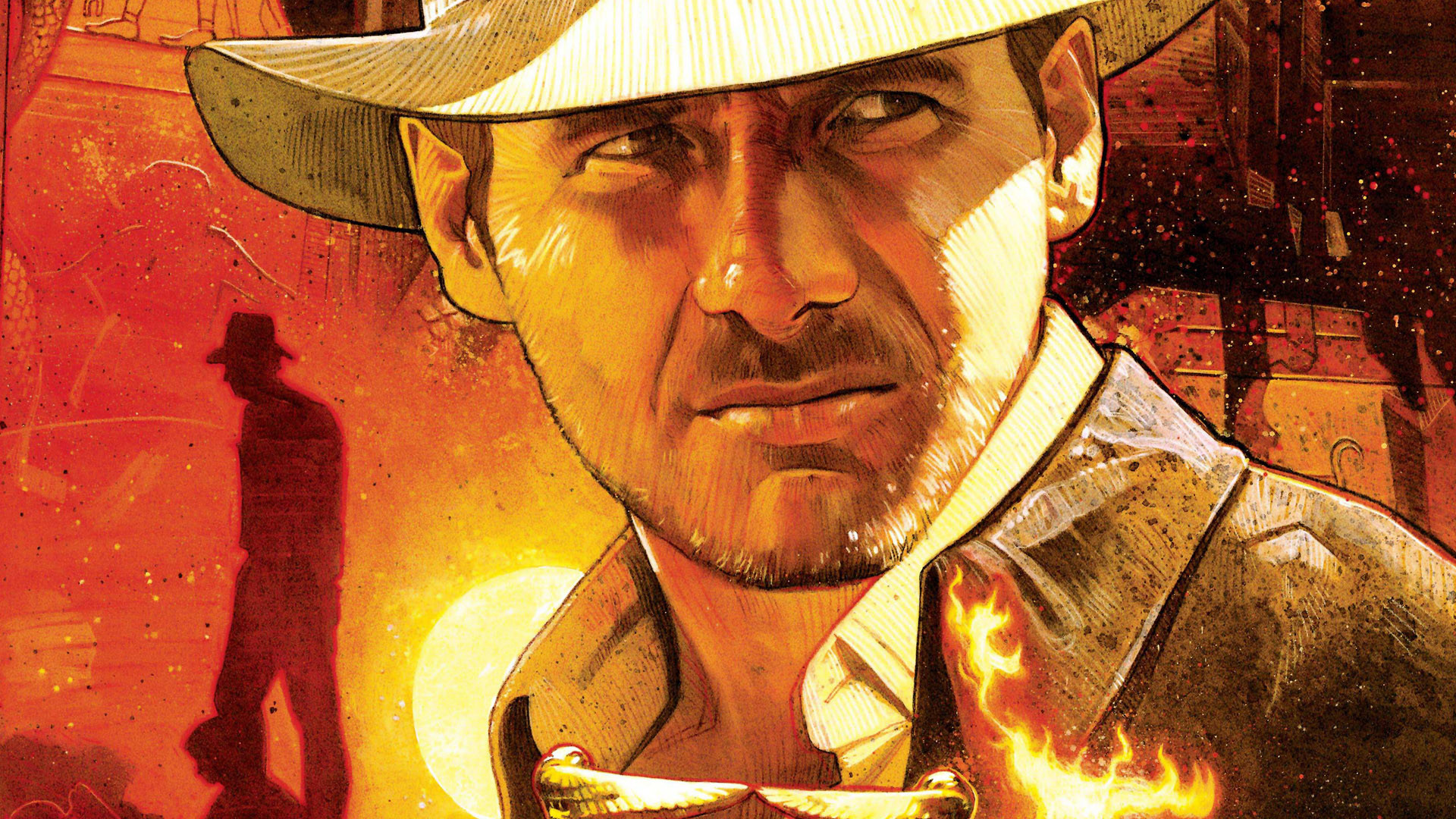 Indiana Jones, Harrison Ford, Fuoco, Fedora, Arte digitale, Full HD, sfondo per portatile