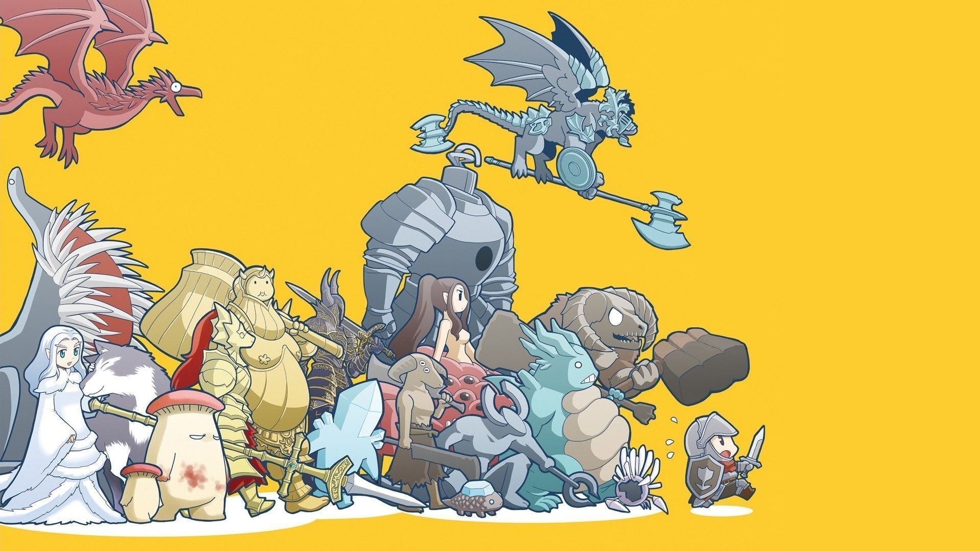 Dark Souls, Boss, Chibi, Cartone animato, Sfondo giallo, Full HD, wallpaper per portatile