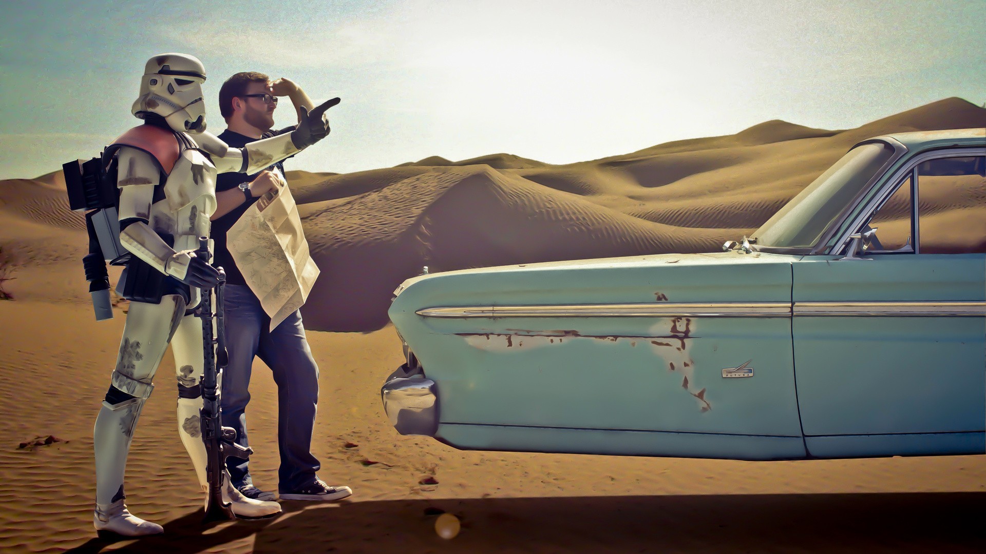 Stormtrooper, Star Wars, Auto d'epoca, Deserto, Viaggio, Full HD, sfondo per PC
