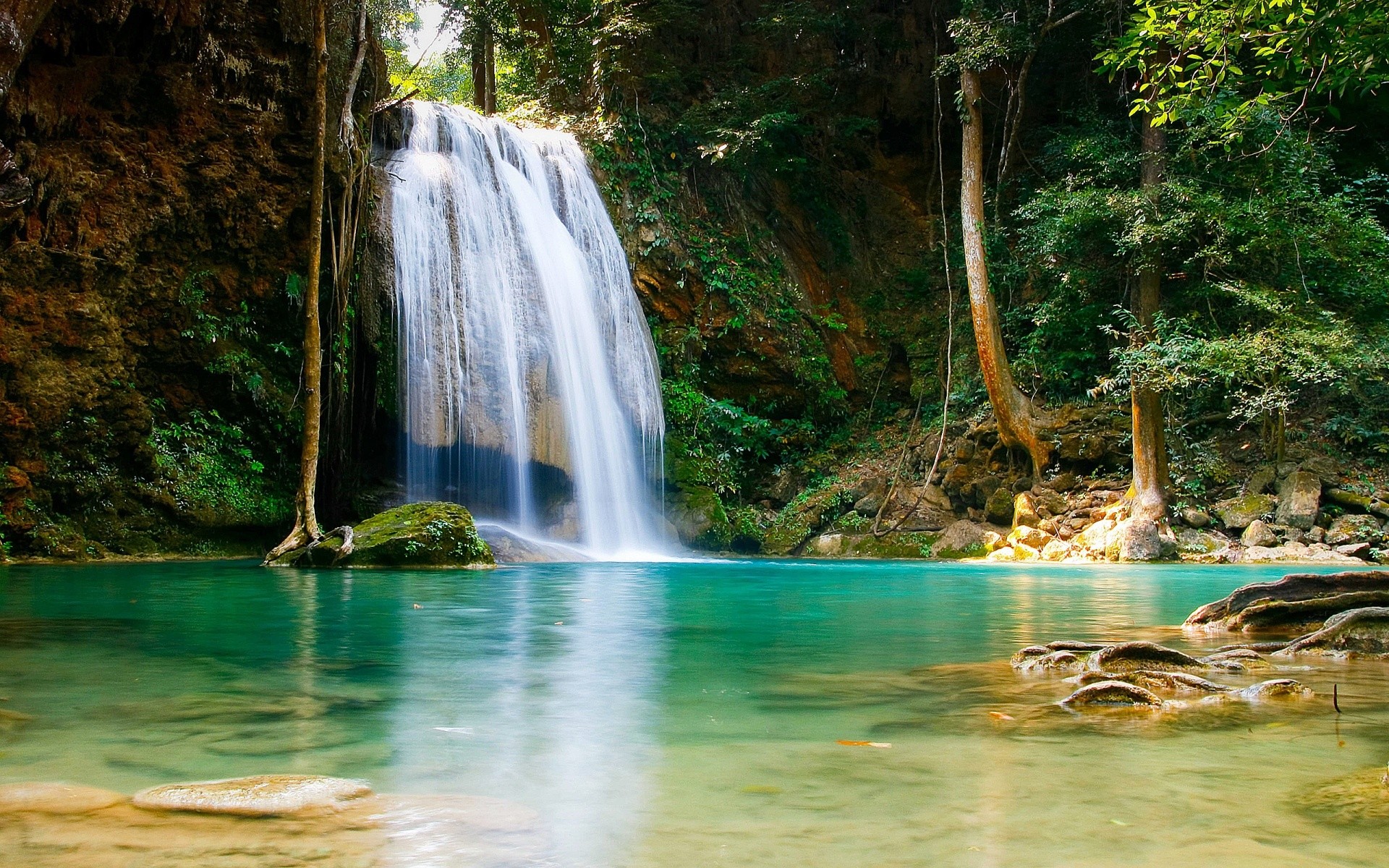 Cascata di Erawan, Thailandia, Acqua turchese, Giungla, wallpaper per desktop