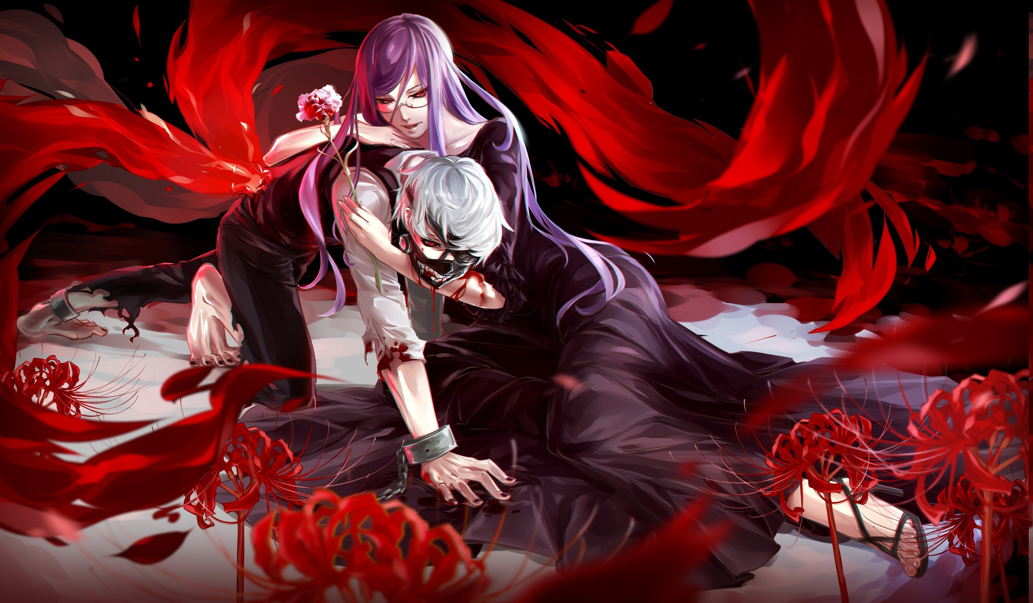 Ken Kaneki, Rize Kamishiro, Tokyo Ghoul, Kagune, Gigli rossi, 2K, sfondo Windows 11