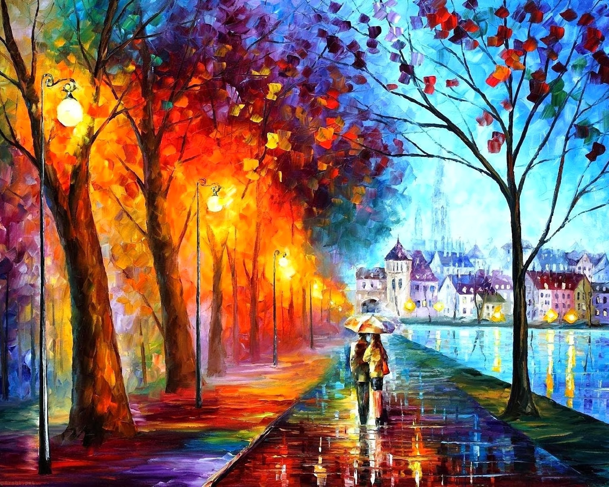 Leonid Afremov, Pittura a olio, Viale alberato, Coppia, Ombrello, sfondo desktop Full HD