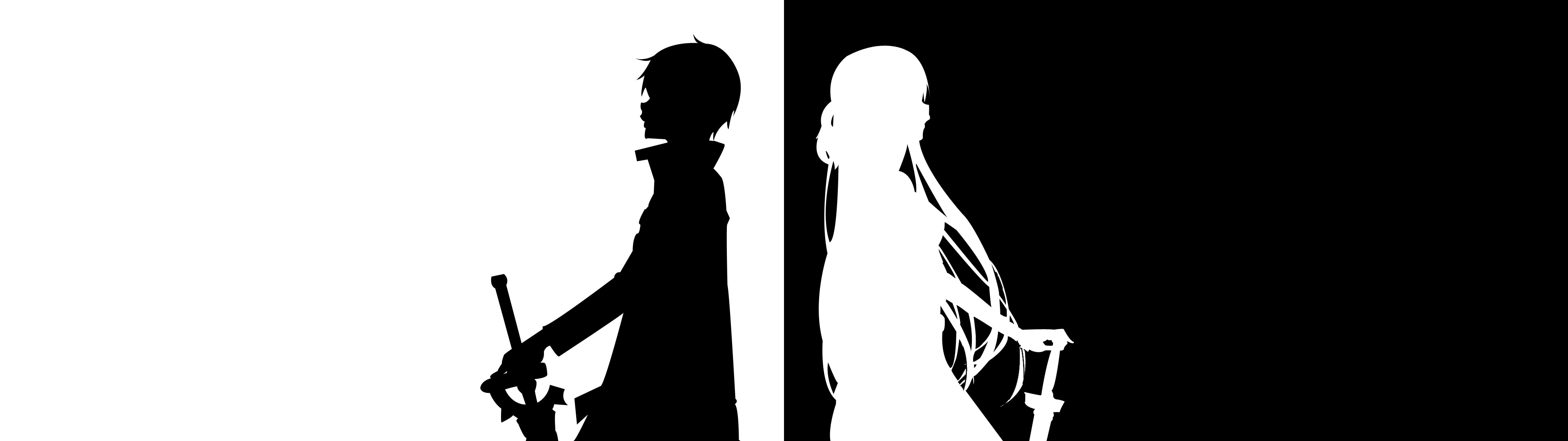 Kirito, Asuna, Sword Art Online, Silhouette, Bianco e nero, 32:9 Full HD, sfondo widescreen
