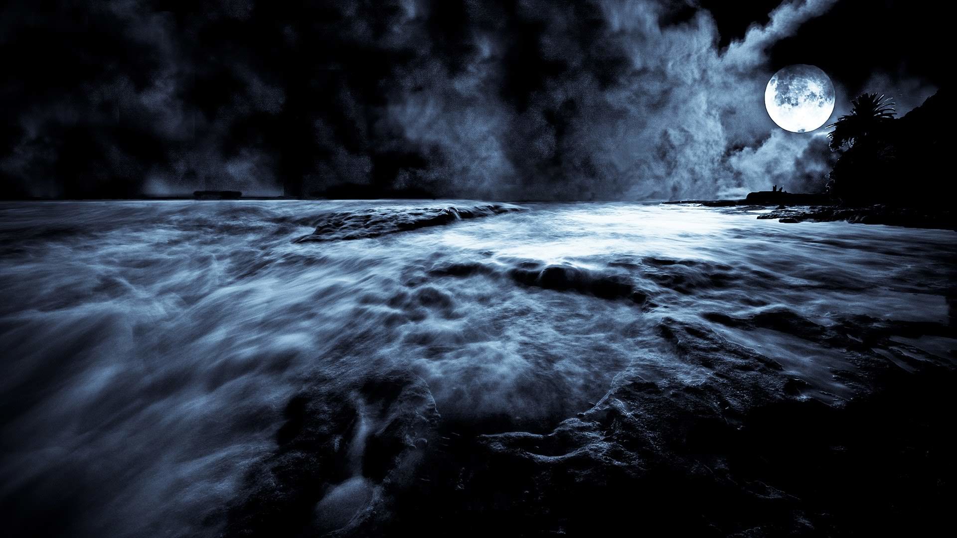 Luna piena, Nuvole, Notte, Bianco e nero, 1920x1080, wallpaper desktop