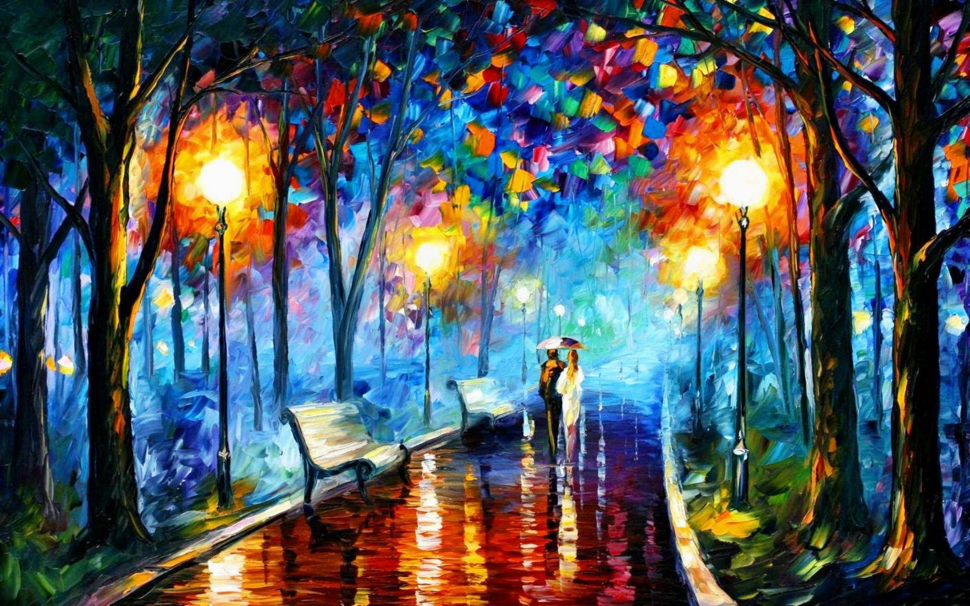 Leonid Afremov, Pittura a olio, Parco, Lampioni, Pioggia, Coppia, sfondo MacBook Pro