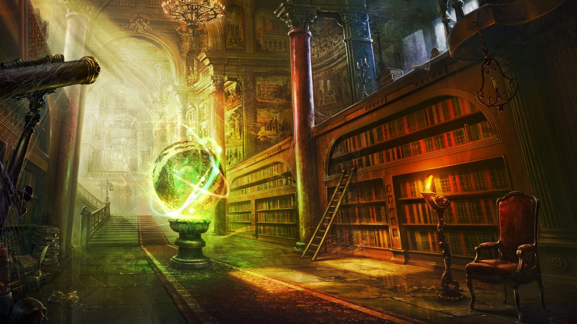 Biblioteca, Sfera magica, Magia, Interni, Arte fantasy, 16:9 Full HD, sfondo widescreen