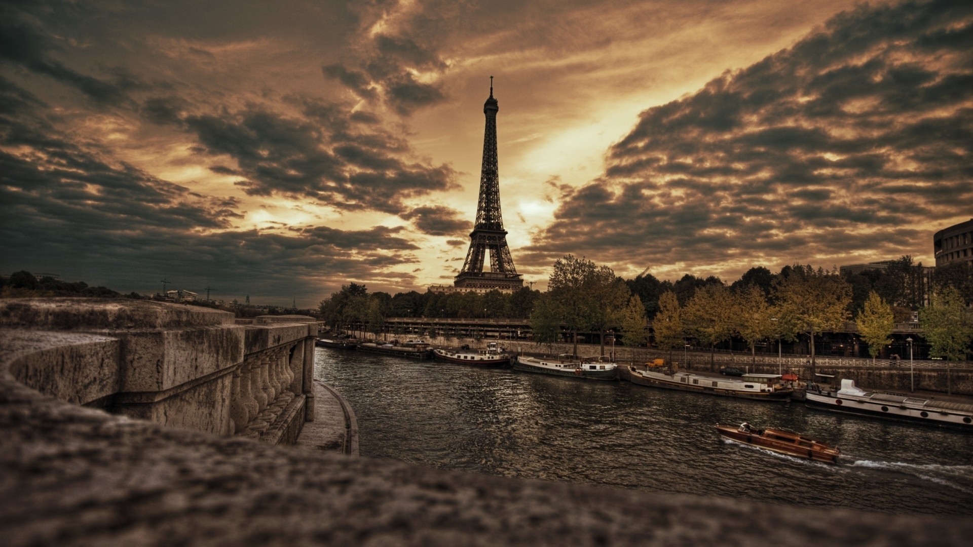 Torre Eiffel, Senna, Parigi, Cielo nuvoloso, HDR, Full HD, sfondo per PC e portatile