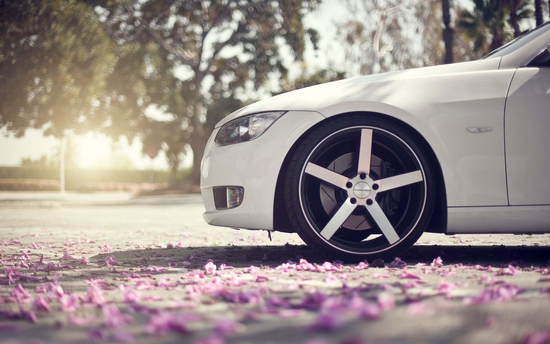 BMW Serie 3 Coupé (E92), BMW, Bianco, Cerchi Vossen, Fiori di ciliegio, sfondo MacBook Pro
