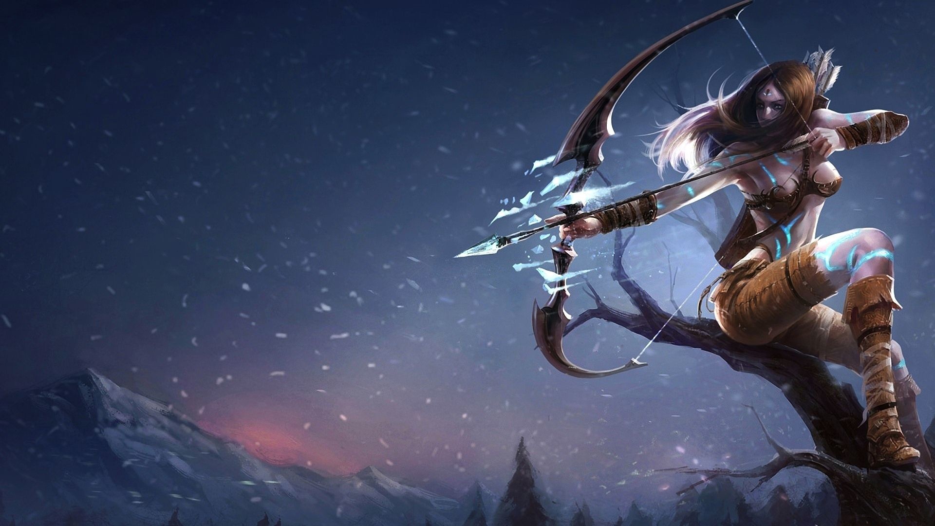 Ashe, League of Legends, Arco, Notte, Neve, 1920x1080, immagine di sfondo