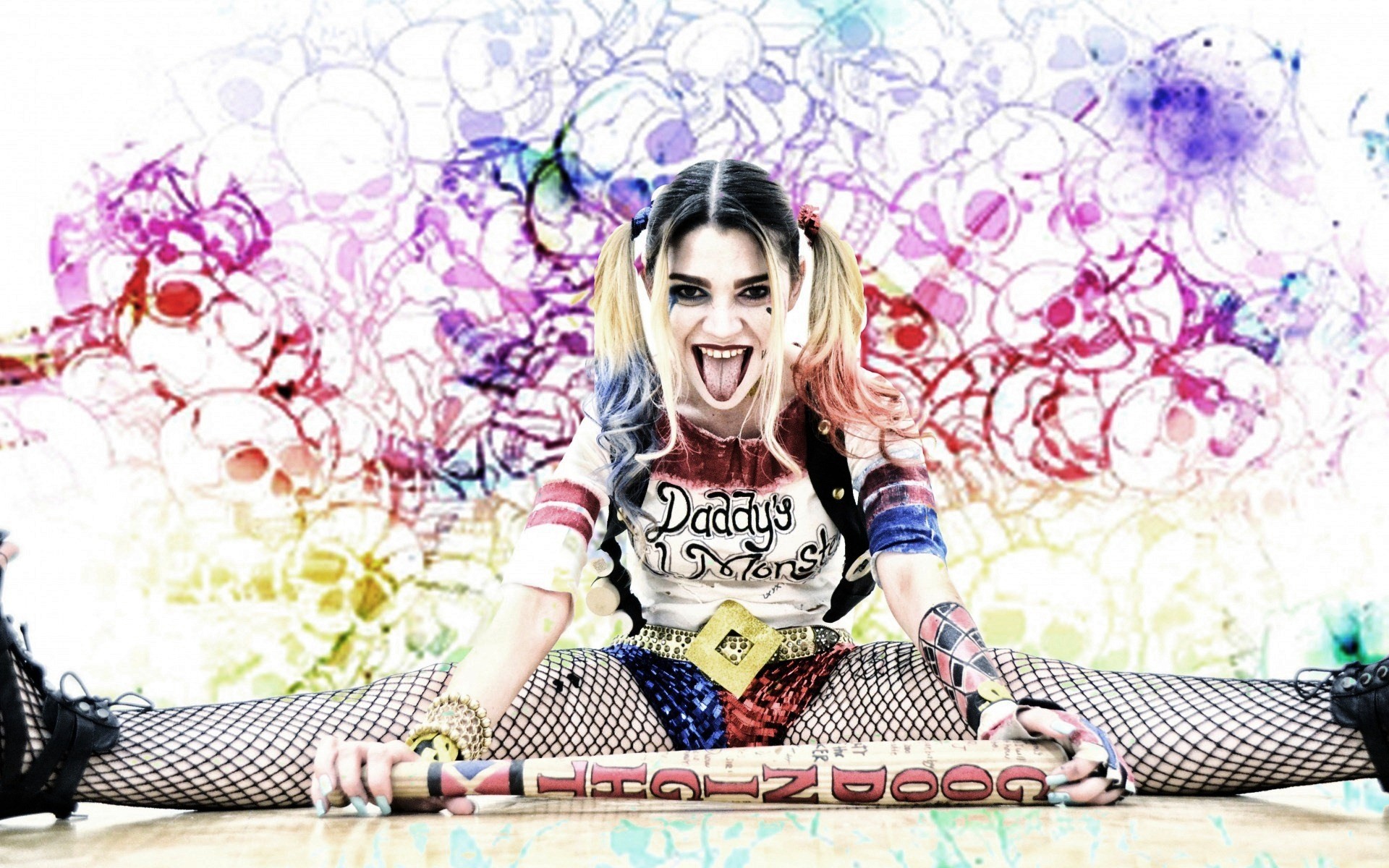 Harley Quinn, Margot Robbie, Suicide Squad, Acquerello, Spaccata, sfondo desktop 1920x1200