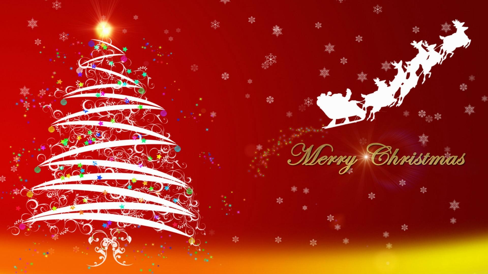 Albero di Natale stilizzato, Slitta di Babbo Natale, Renne, Merry Christmas, Rosso, sfondo Full HD