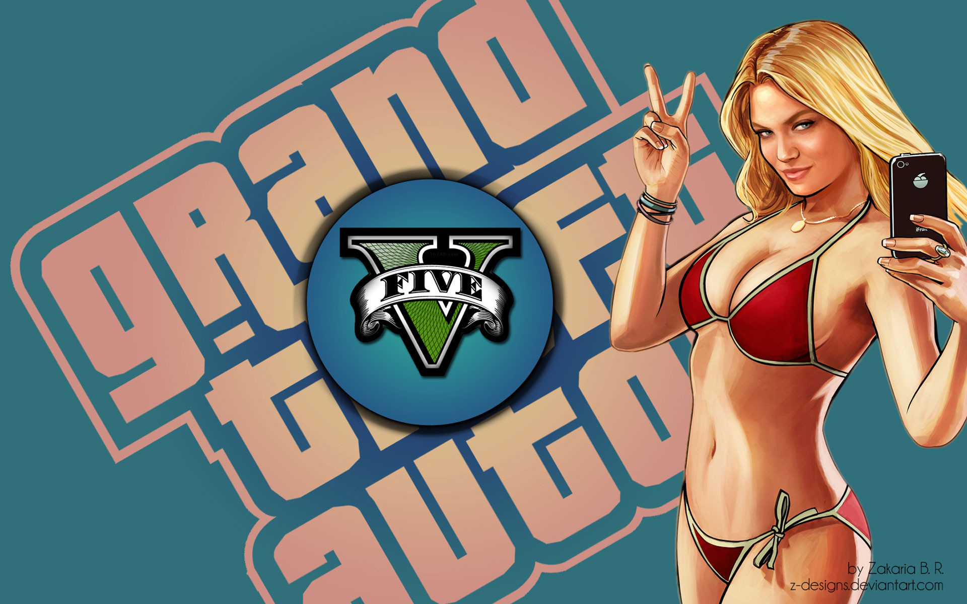 Grand Theft Auto V, Logo GTA V, Ragazza in bikini, Selfie, Full HD, sfondo desktop