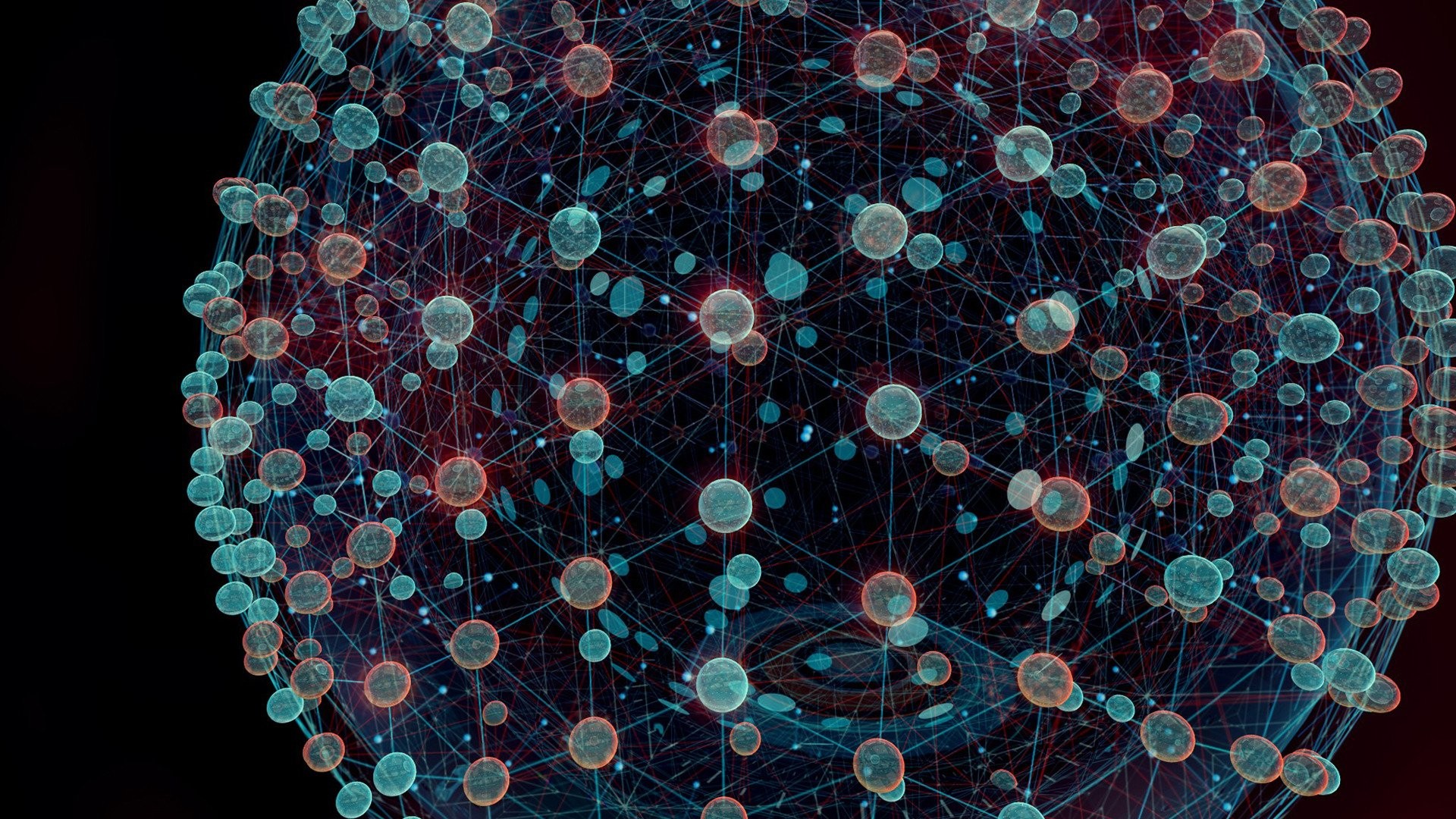 Rete neurale, Molecole, Astratto, Sfondo nero, 16:9 Full HD, wallpaper widescreen