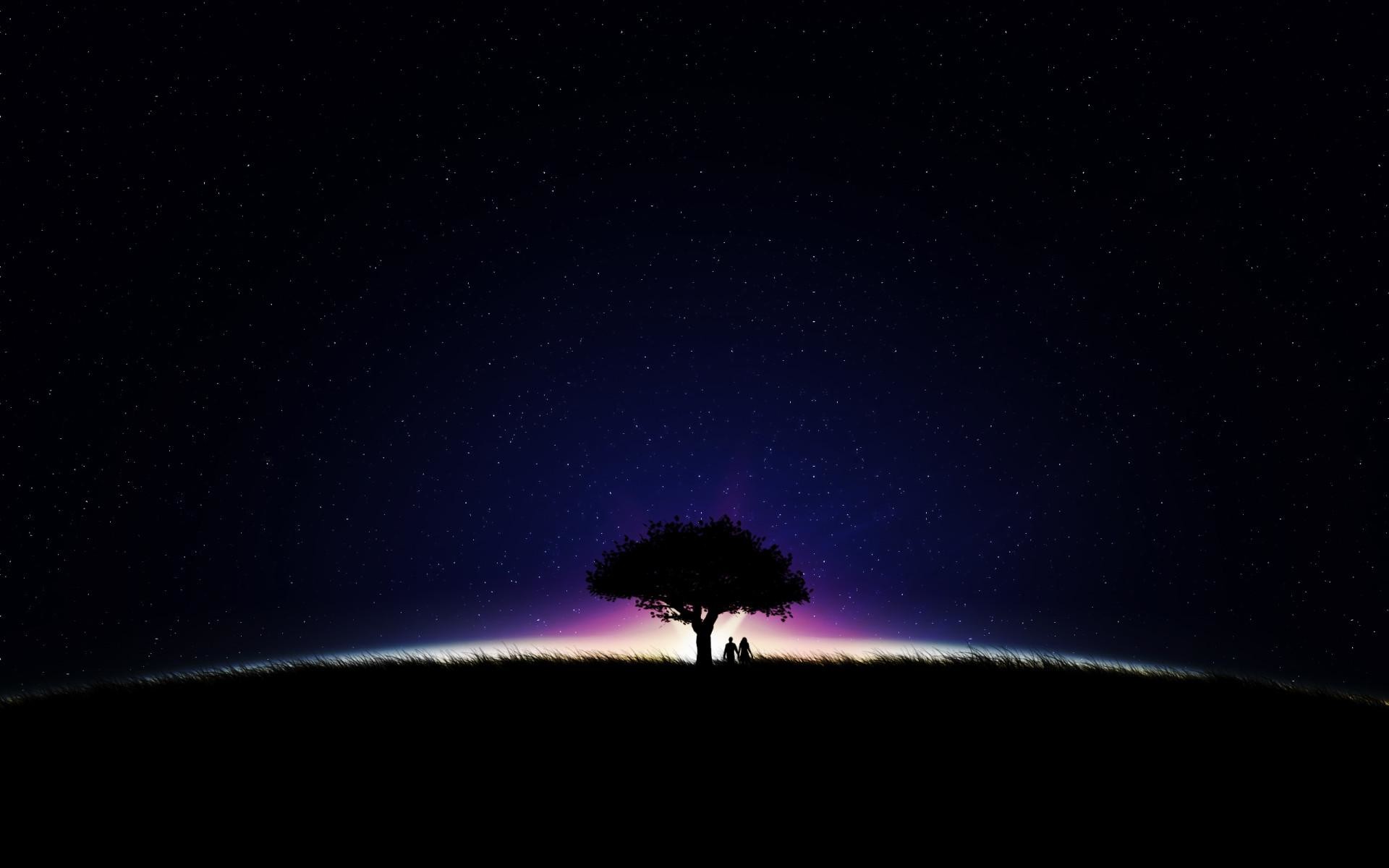 Albero solitario, Silhouette, Cielo stellato, Bagliore viola, Full HD, sfondo per PC e portatile