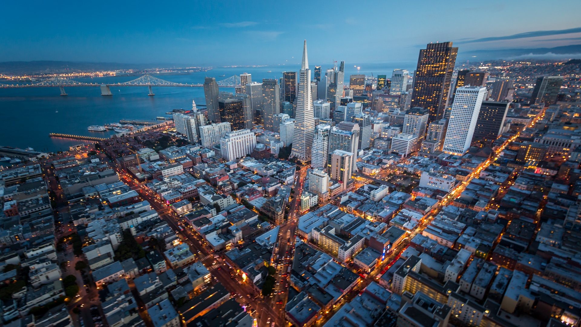 San Francisco, Transamerica Pyramid, Vista aerea, Crepuscolo, Full HD, wallpaper per portatile