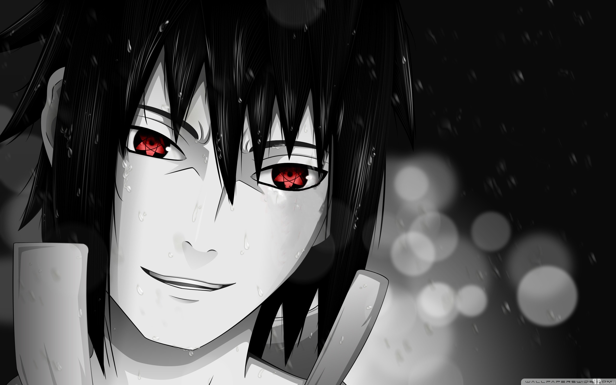 Sasuke Uchiha, Naruto, Sharingan, Bianco e nero, Bokeh, 2K 1600p, sfondo desktop