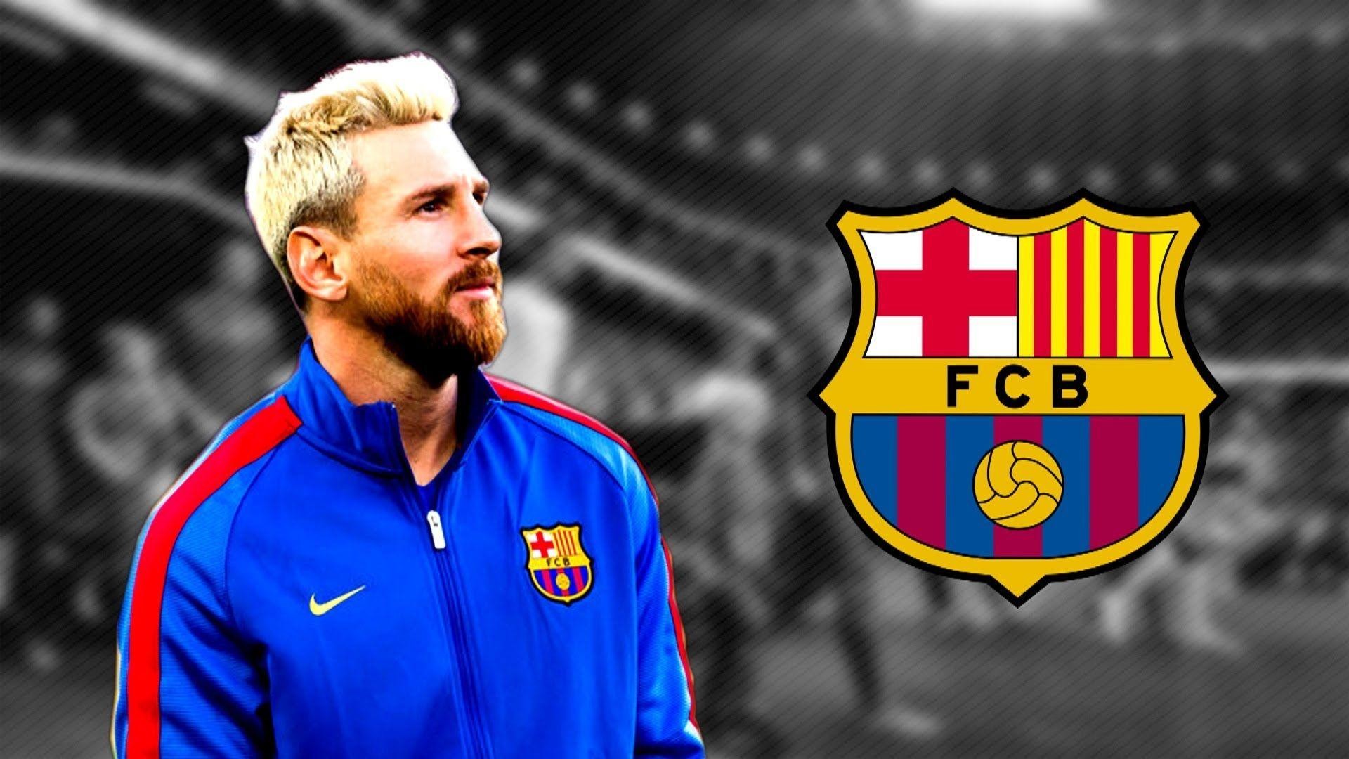 Lionel Messi, Stemma FC Barcelona, Capelli biondi, Bianco e nero, sfondo desktop 1920x1080