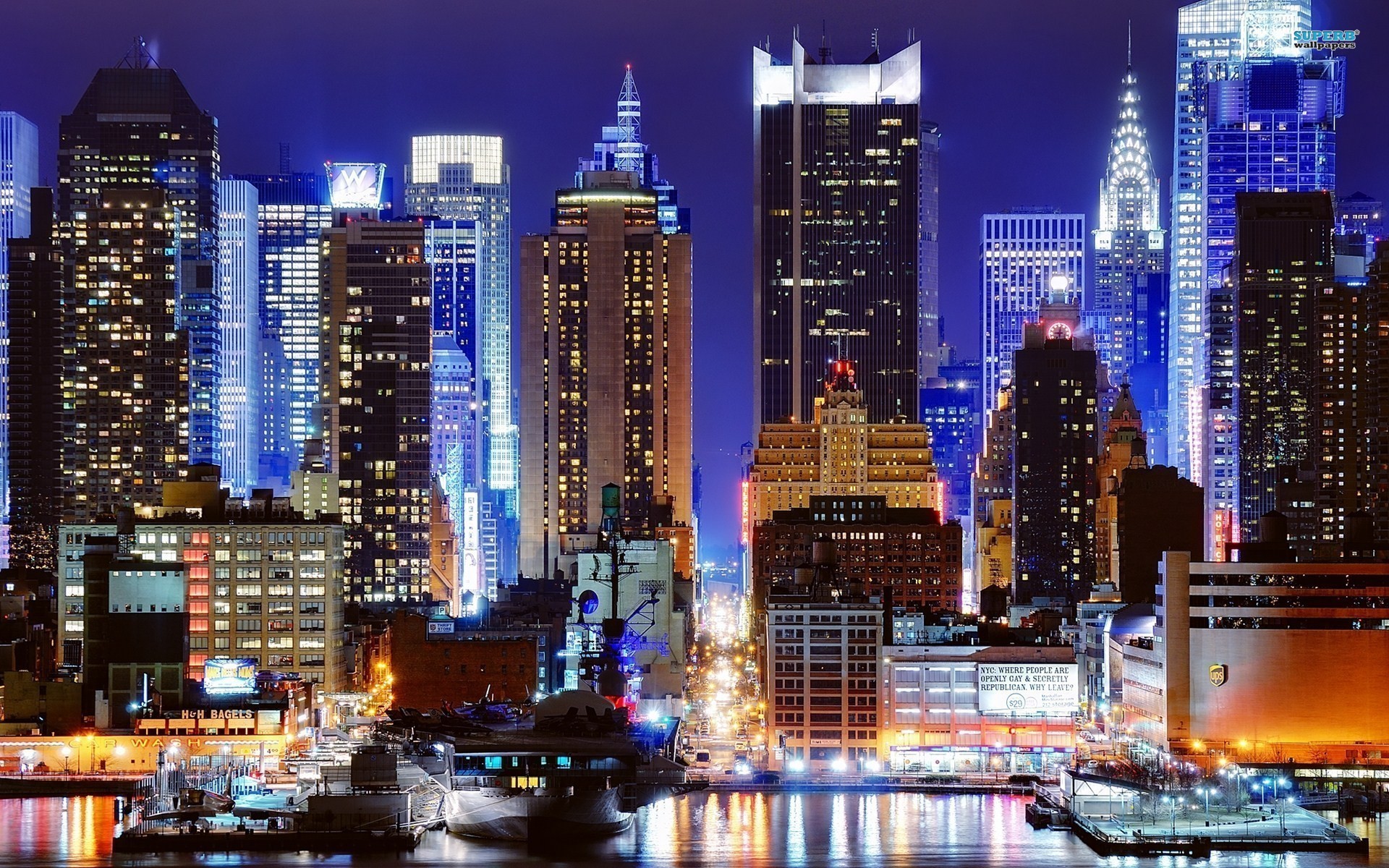 Midtown Manhattan, Grattacieli, Notte, Luci blu, 1920x1200, sfondo per PC