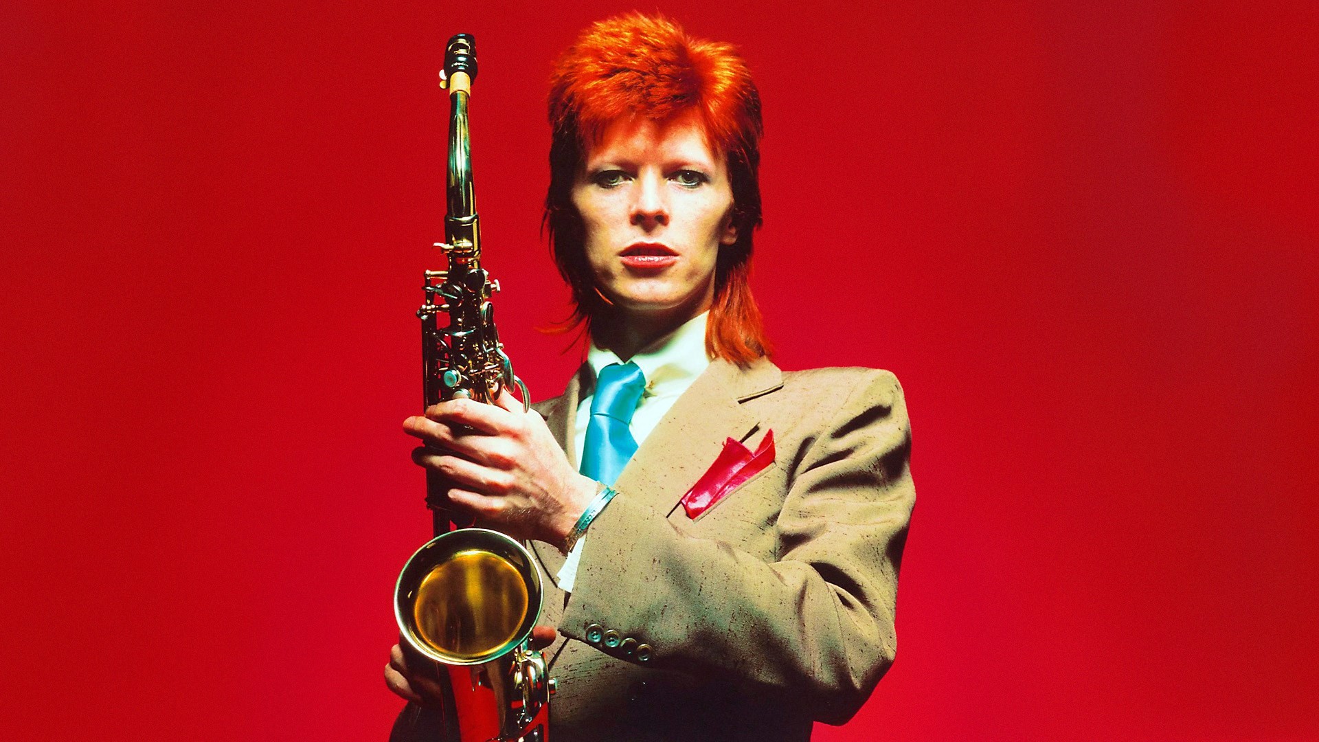 David Bowie, Ziggy Stardust, Sassofono, Sfondo rosso, 16:9 Full HD, wallpaper widescreen