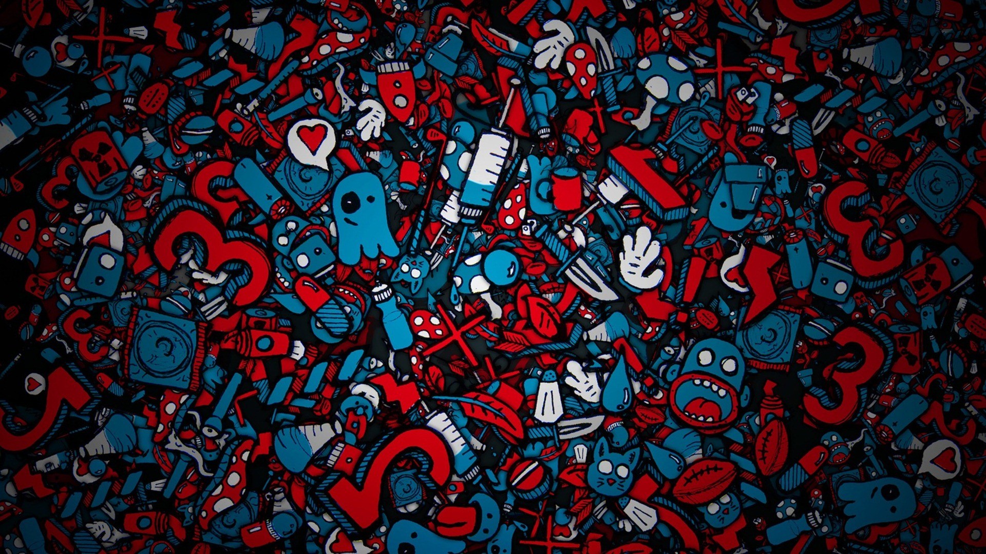 Doodle art, Personaggi cartoon, Rosso e blu, Motivo, Full HD, sfondo per PC e portatile