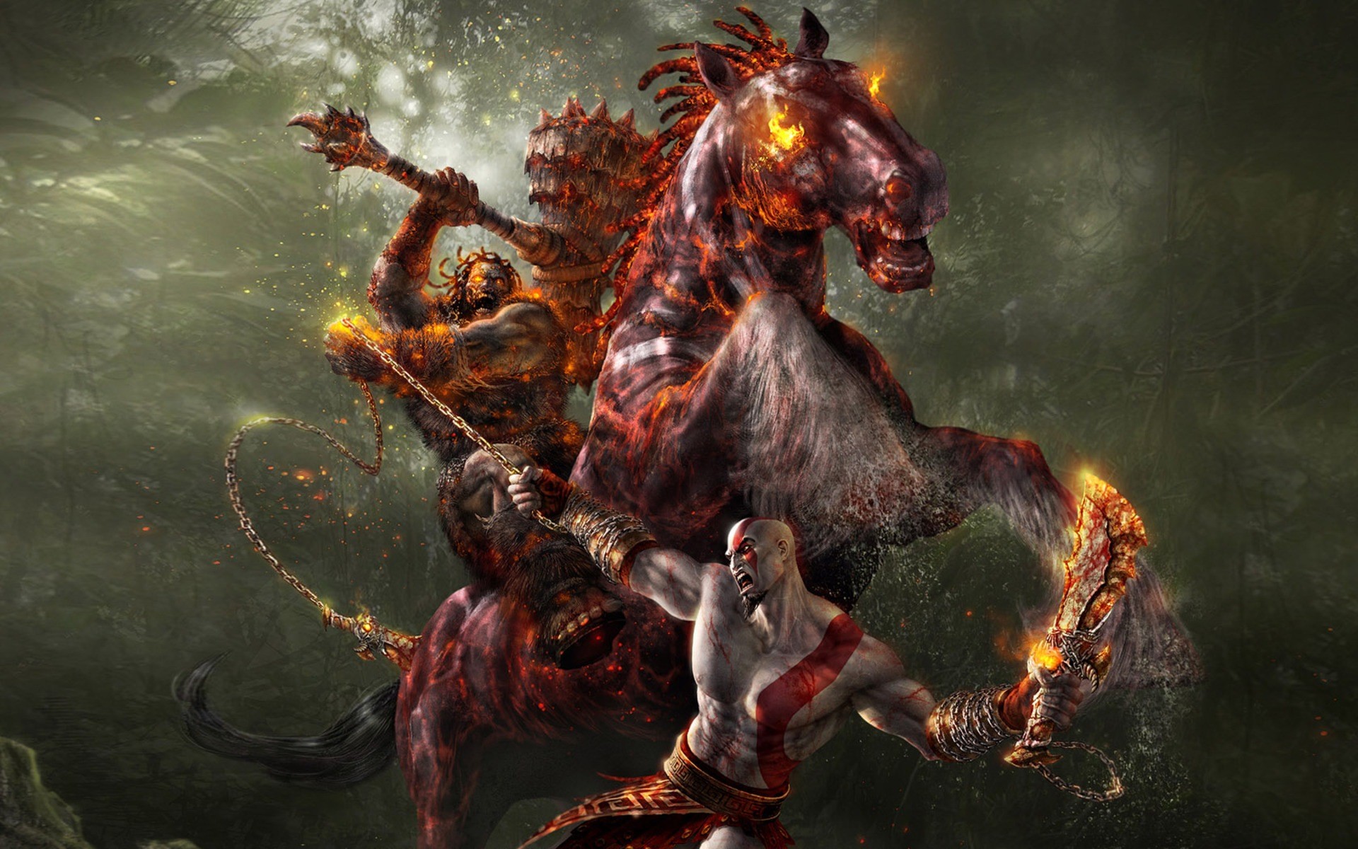 Kratos, God of War, Cavallo infuocato, Lame del Caos, Battaglia, sfondo 1920x1200 per PC