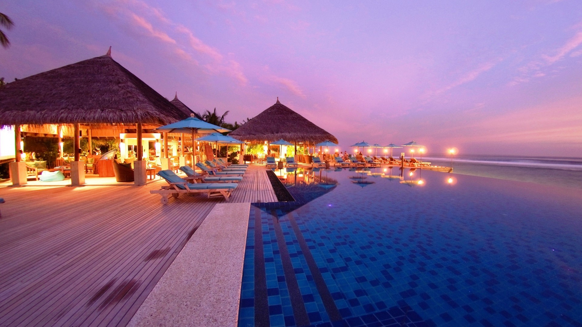 Maldive, Resort, Tramonto, Piscina, Full HD, wallpaper per PC