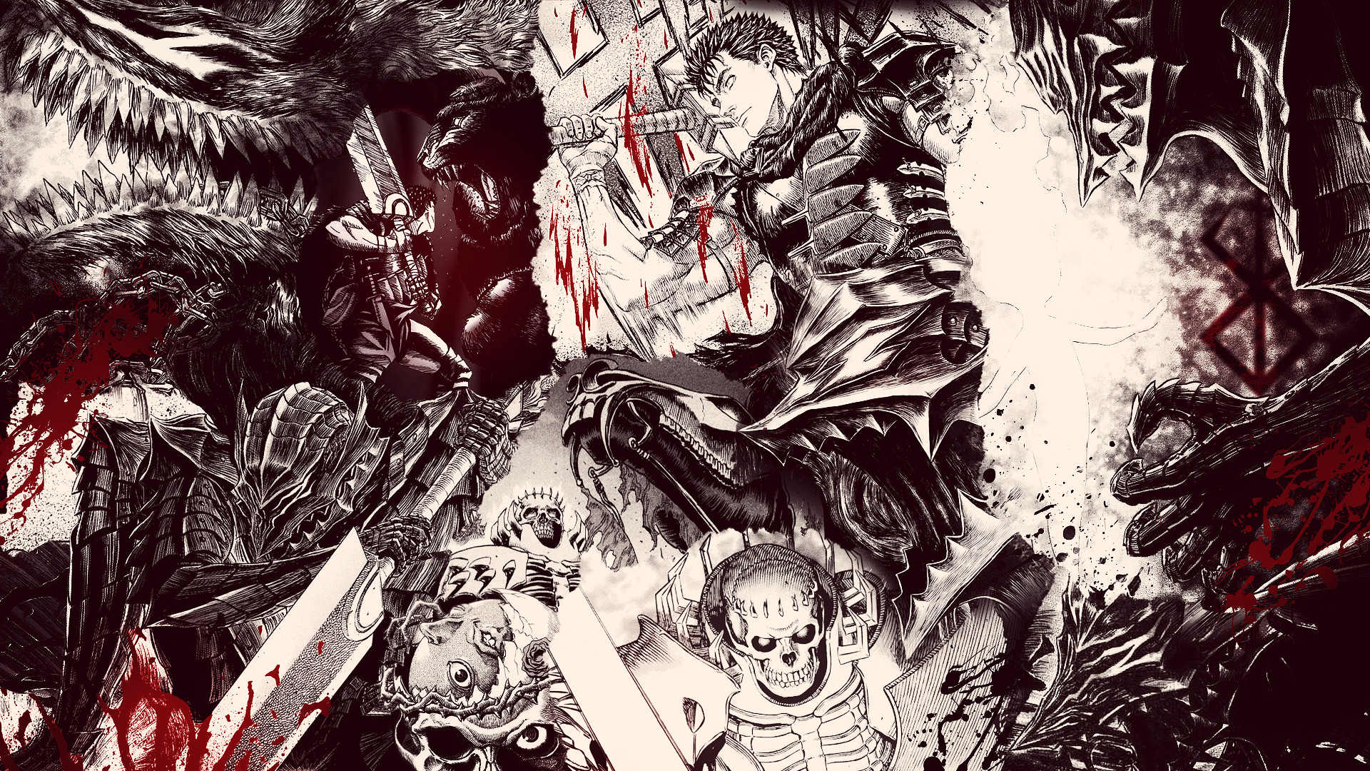 Gatsu, Berserk, Manga, Teschio, Rosso e nero, 16:9 Full HD, sfondo widescreen