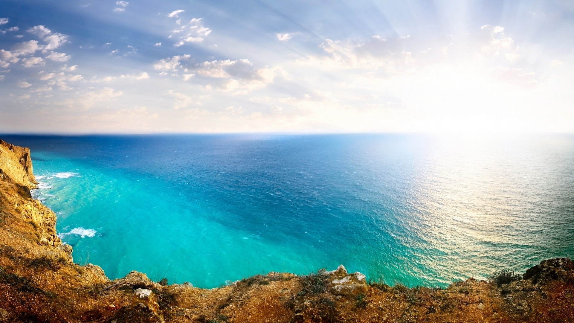 Scogliera, Mare turchese, Sole, Orizzonte, Full HD, sfondo desktop