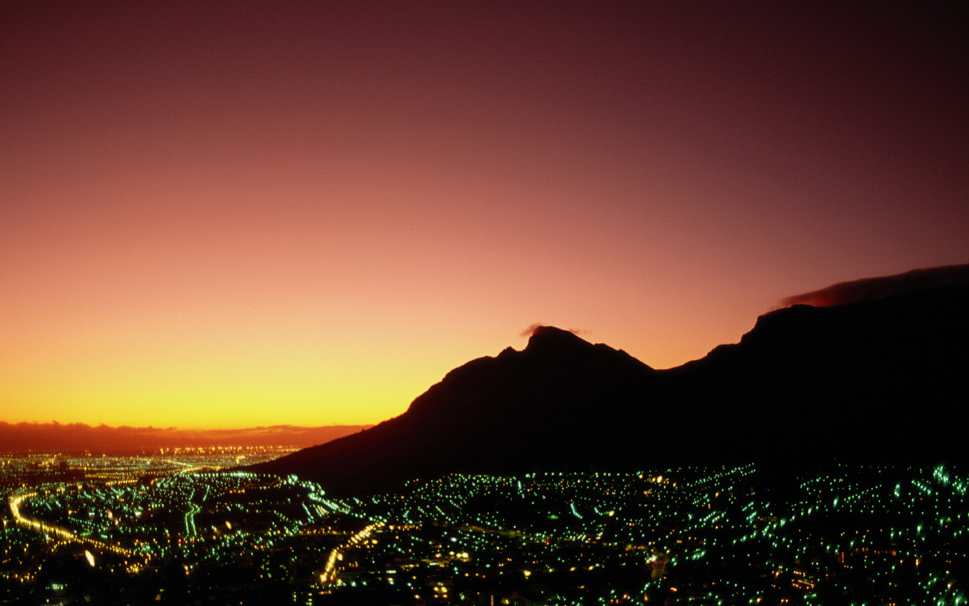 Città del Capo, Montagna della Tavola, Luci della città, Tramonto, Silhouette, sfondo desktop