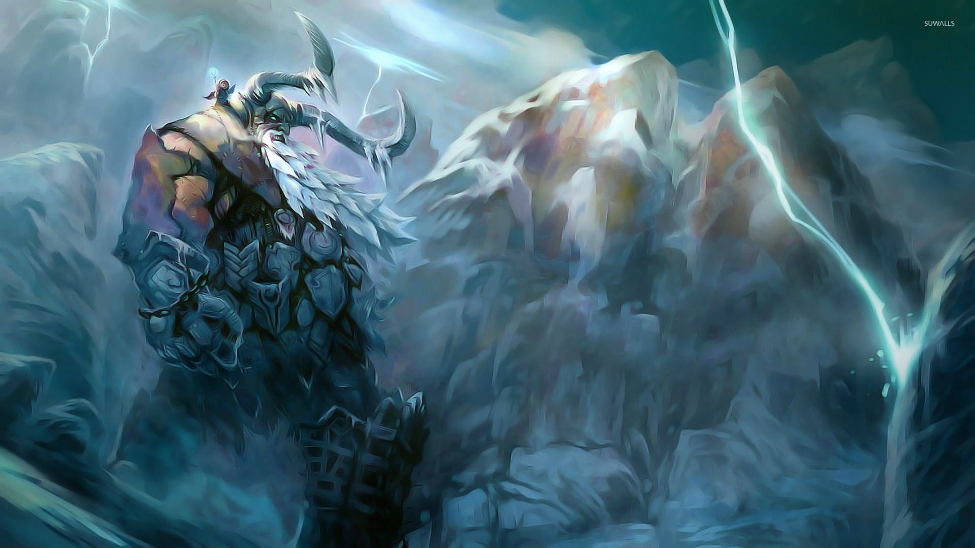 Guerriero vichingo, Pittura, Montagne, Fulmine, 1920x1080, sfondo per PC