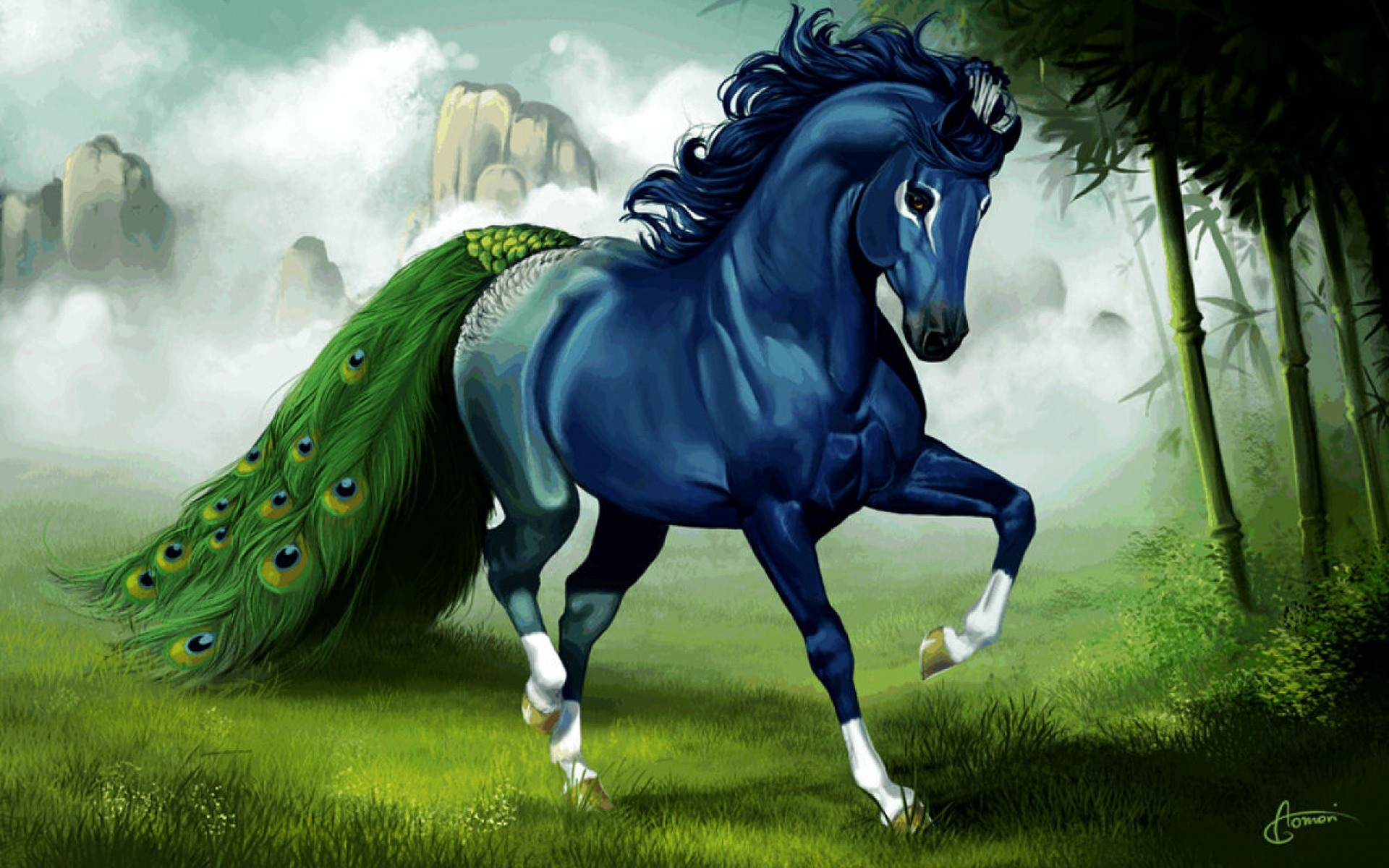 Cavallo blu, Piume di pavone, Arte fantasy, Bambù, 1920x1200, sfondo MacBook Pro