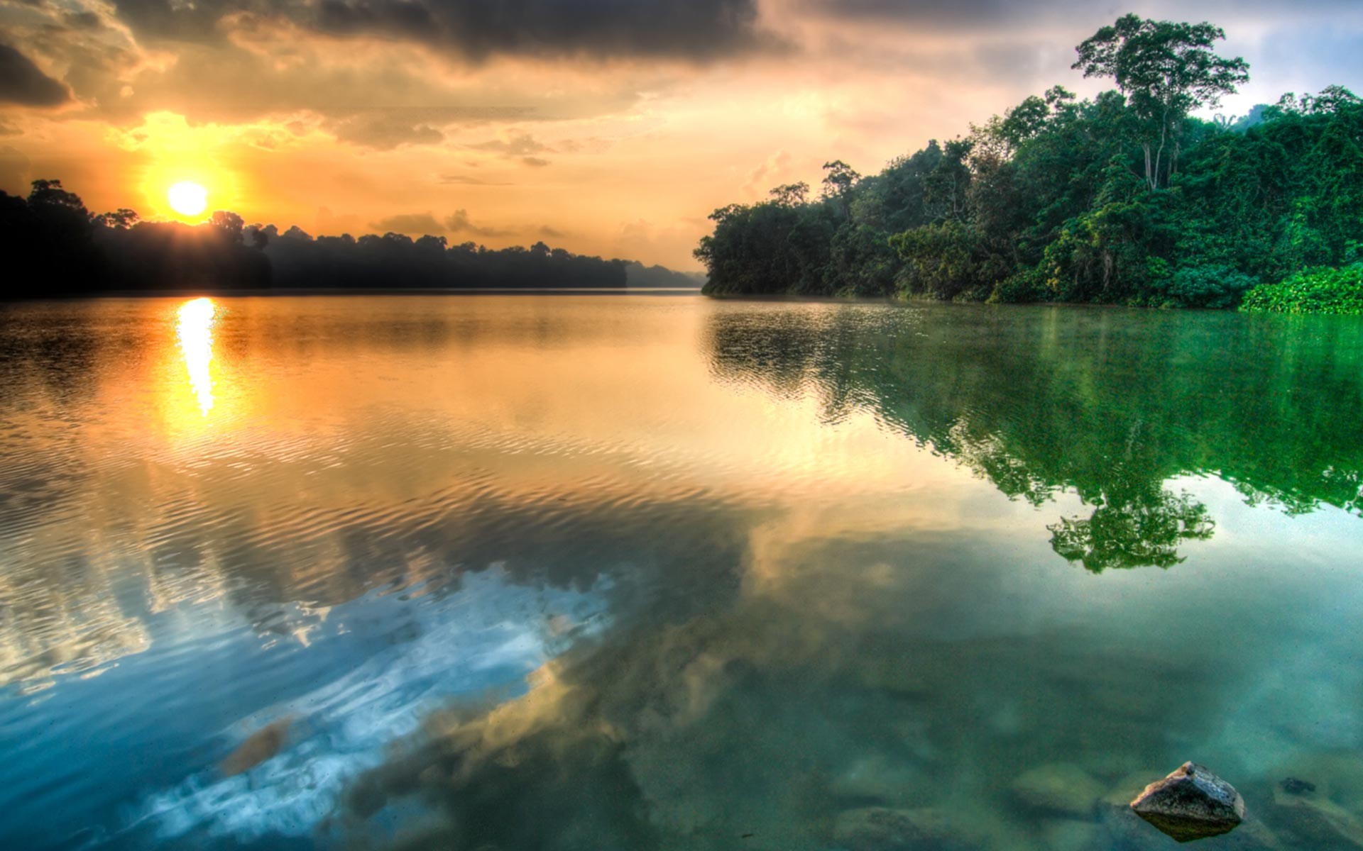 Fiume, Tramonto, Foresta, Riflesso, Full HD, wallpaper desktop