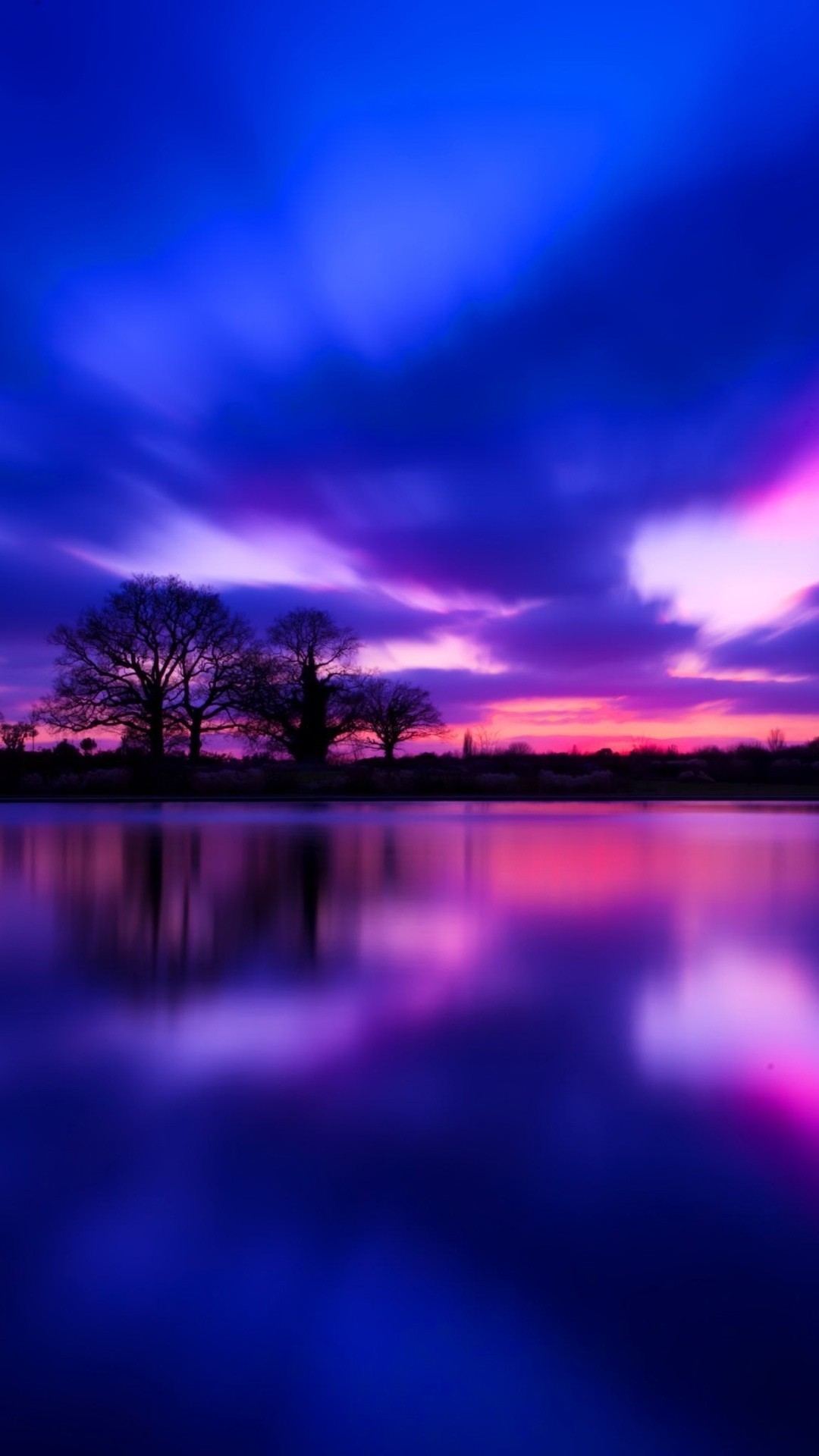 Lago, Alberi, Tramonto, Viola, Riflesso, sfondo Full HD per smartphone