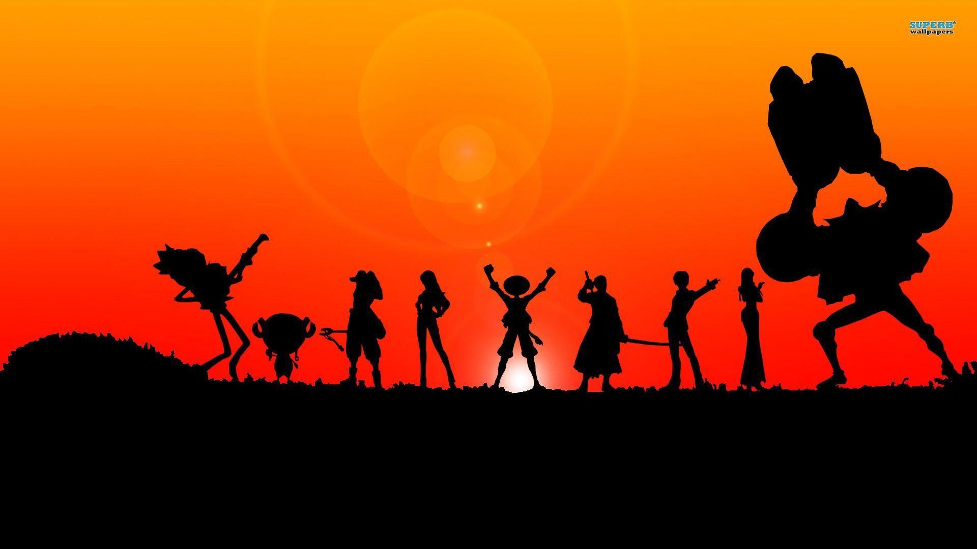Ciurma di Cappello di Paglia, Silhouette, Tramonto, One Piece, Arancione, sfondo Windows 11