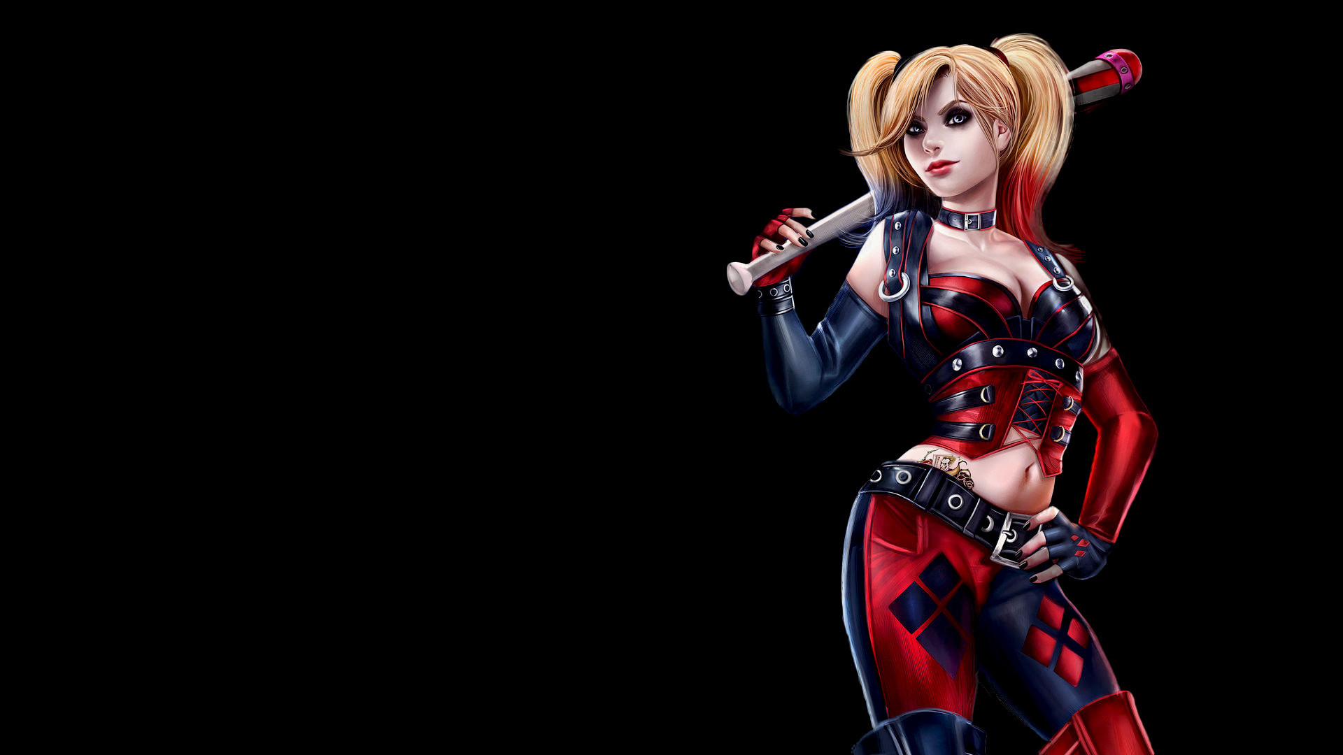 Harley Quinn, Batman: Arkham Knight, Mazza da baseball, Sfondo nero, wallpaper Windows 11