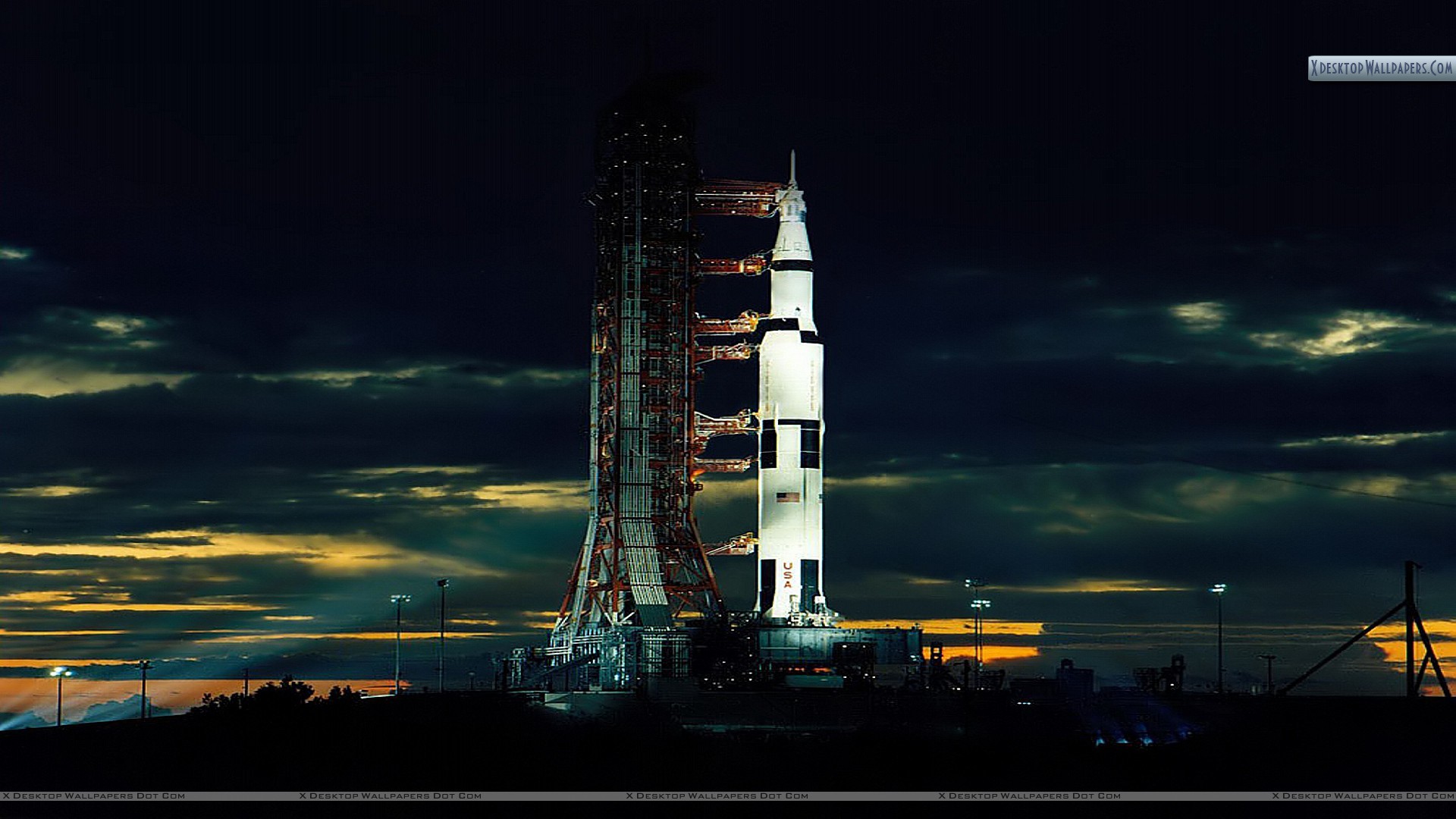 Saturn V, Apollo, Rampa di lancio, Crepuscolo, 16:9 Full HD, sfondo widescreen