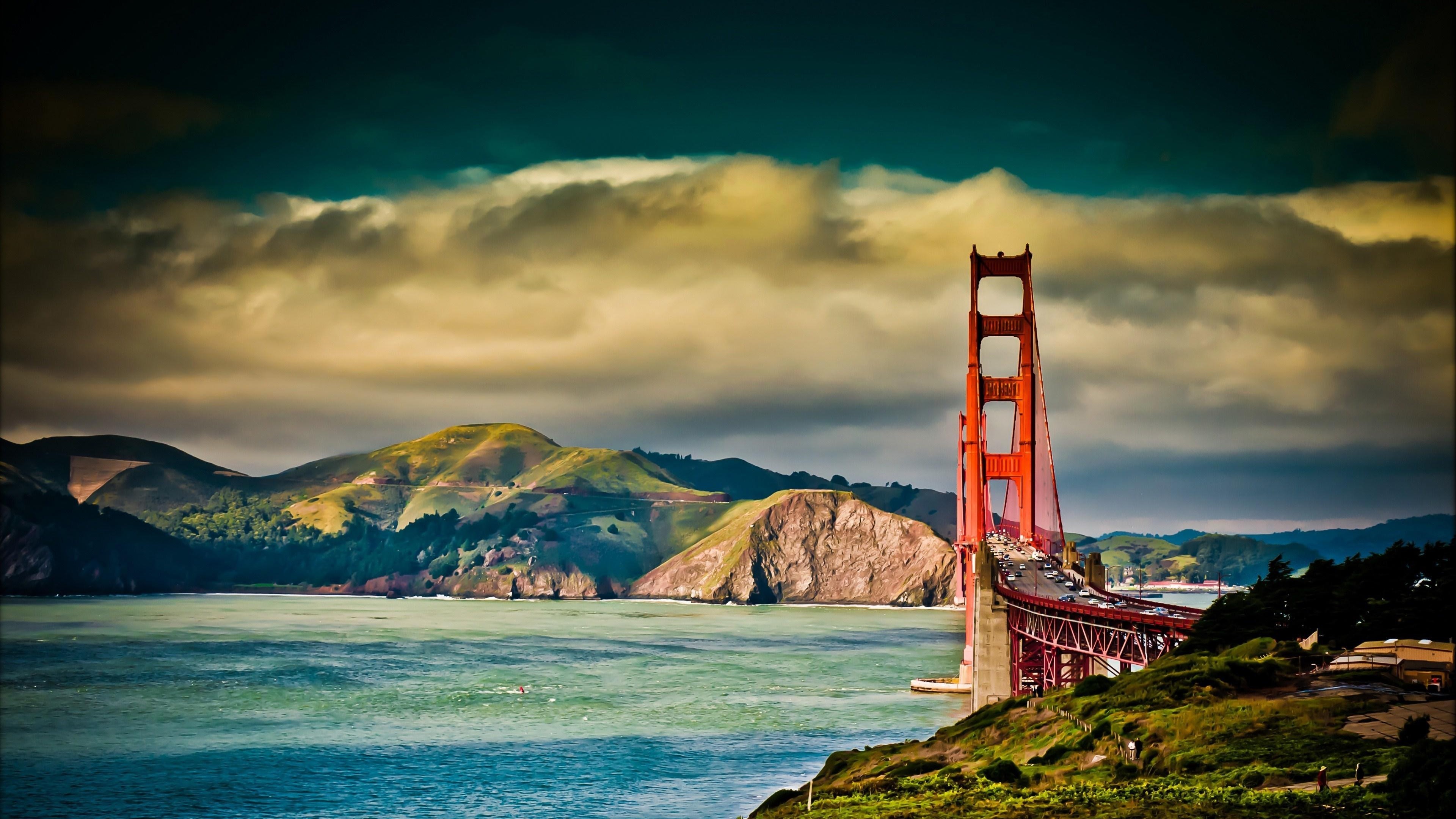 Golden Gate Bridge, San Francisco, Baia, Colline, Nuvole, 4K 2160p, sfondo desktop