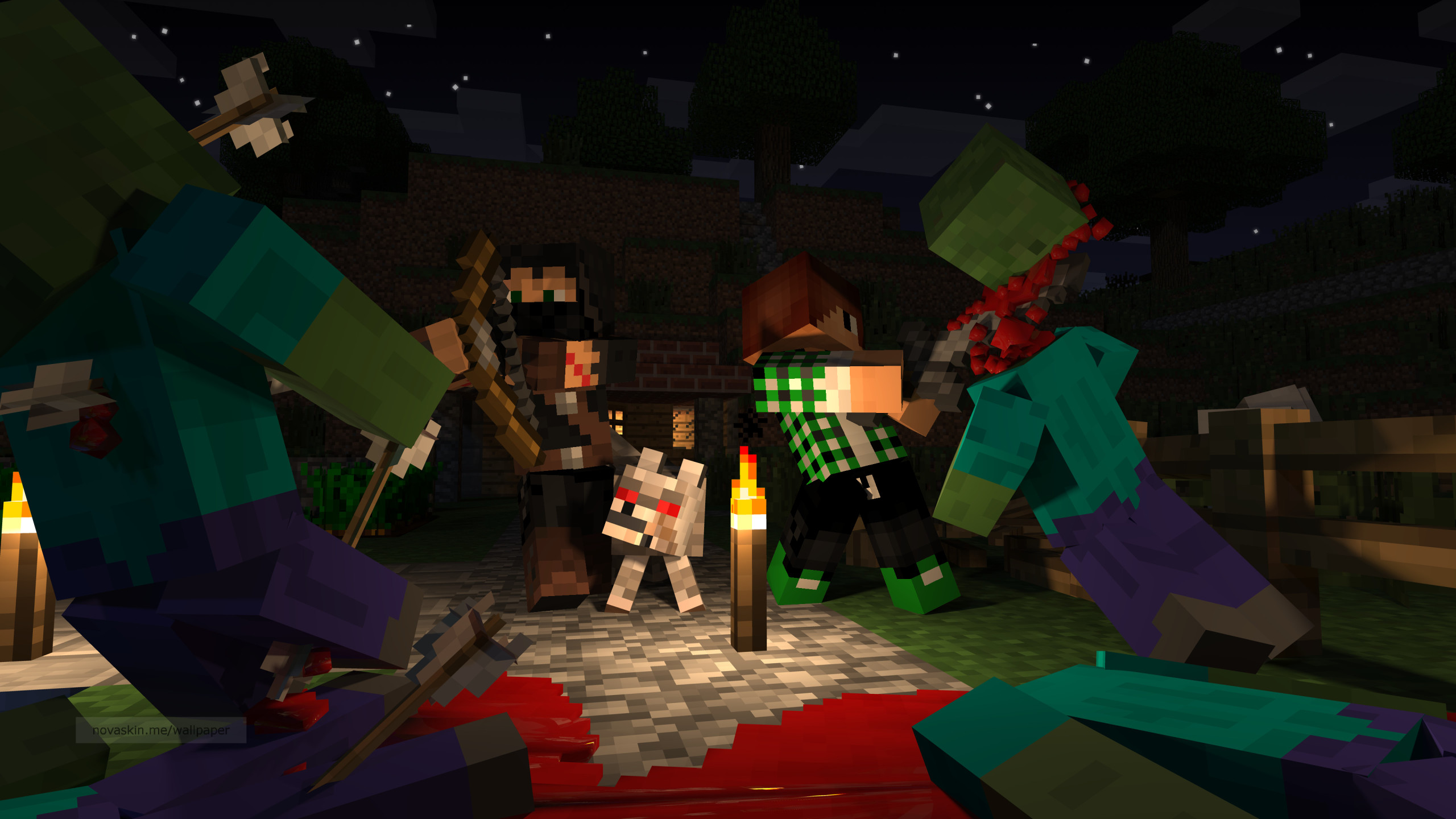Minecraft, Novaskin, Zombie, Notte, Torcia, 2K 1440p, sfondo desktop