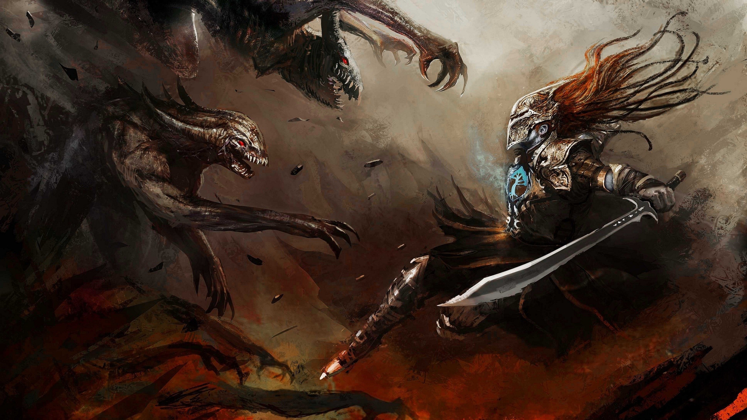 Demoni, Guerriera, Battaglia, Dark fantasy, Spada, 16:9 2K, sfondo widescreen