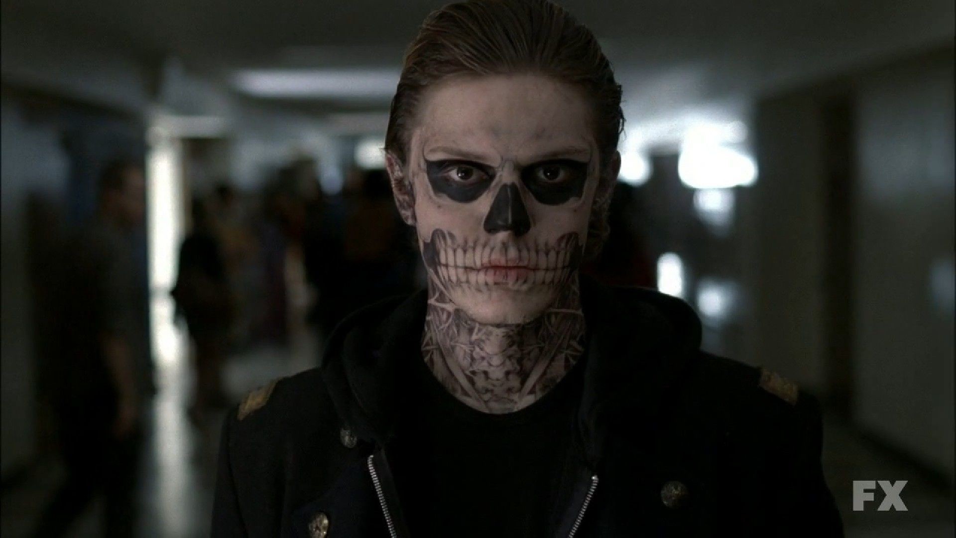 American Horror Story: Murder House, Evan Peters, Tate Langdon, Trucco a teschio, Corridoio, sfondo Full HD