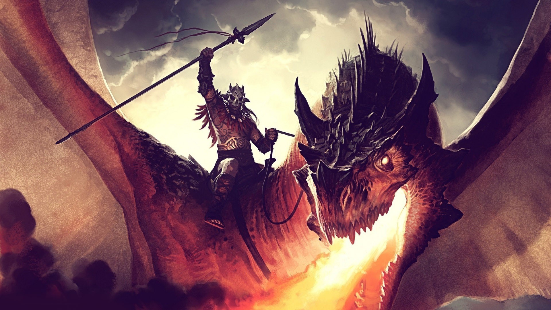 Drago, Cavaliere di draghi, Lancia, Fantasy, Nuvole, Full HD, sfondo per portatile