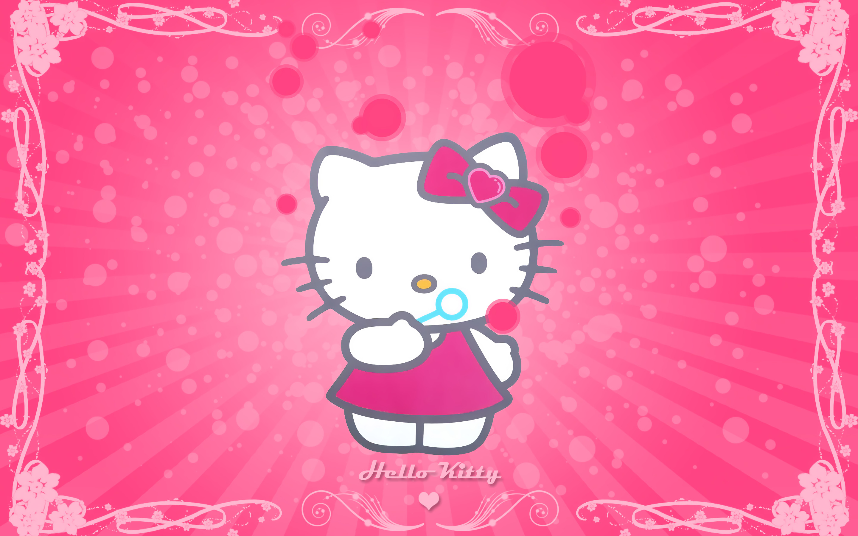 Hello Kitty, Sanrio, Bolle di sapone, Raggi rosa, Cornice, 2K, sfondo desktop