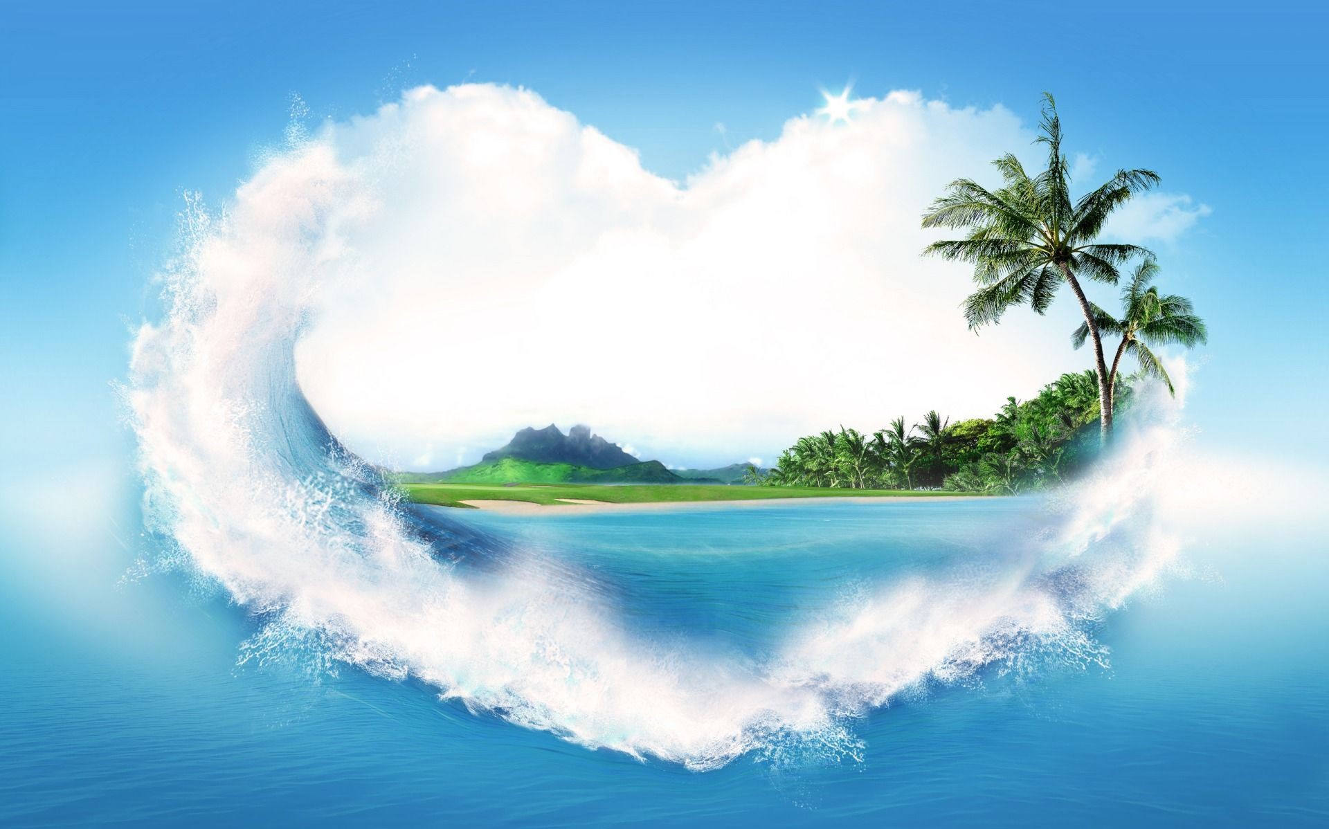 Isola tropicale, Onda a cuore, Palma, Mare, Arte digitale, 1920x1198, sfondo MacBook Pro
