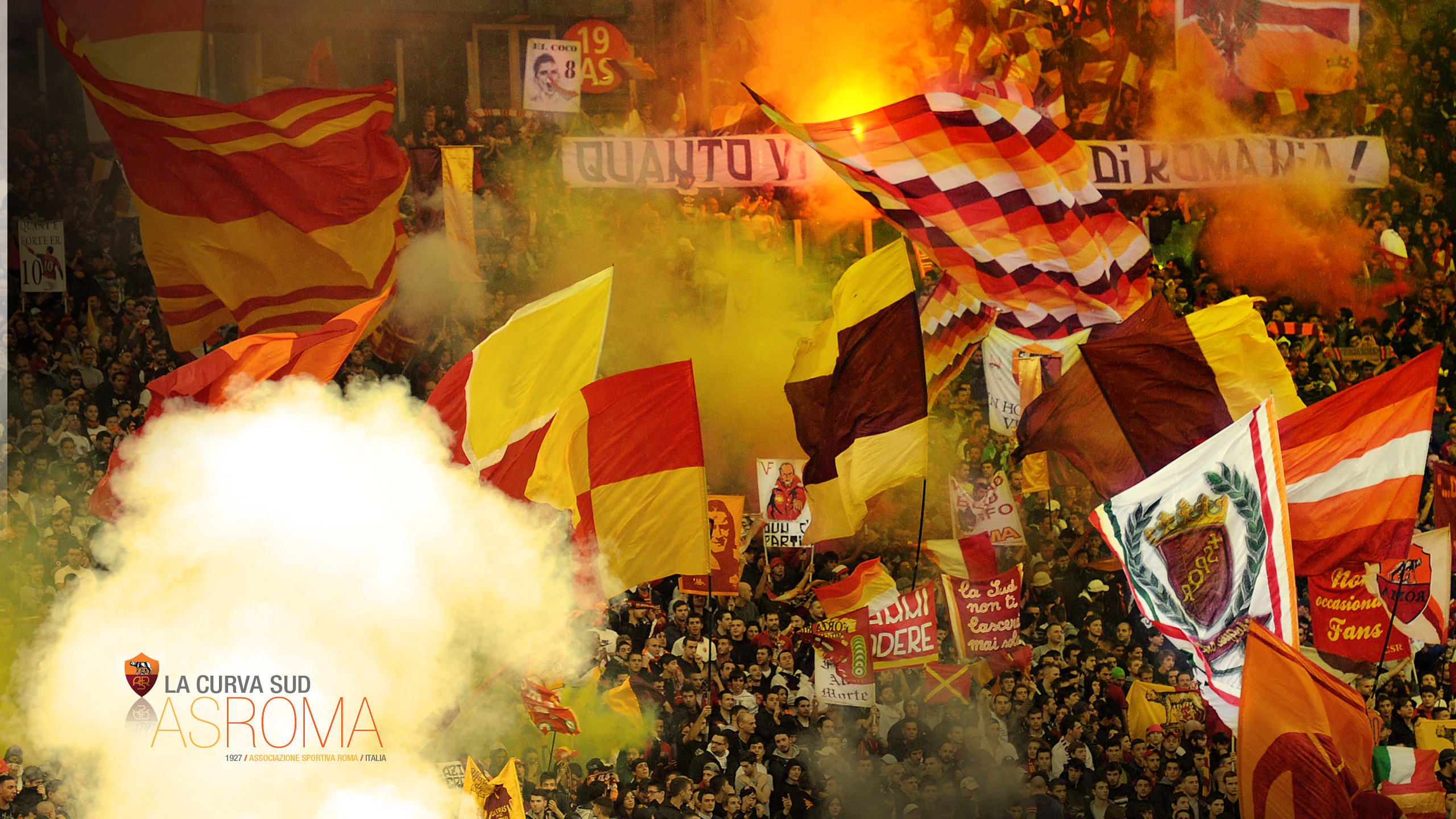 Curva Sud, AS Roma, Tifosi, Bandiere, Fumogeni, 16:9 2K, sfondo widescreen