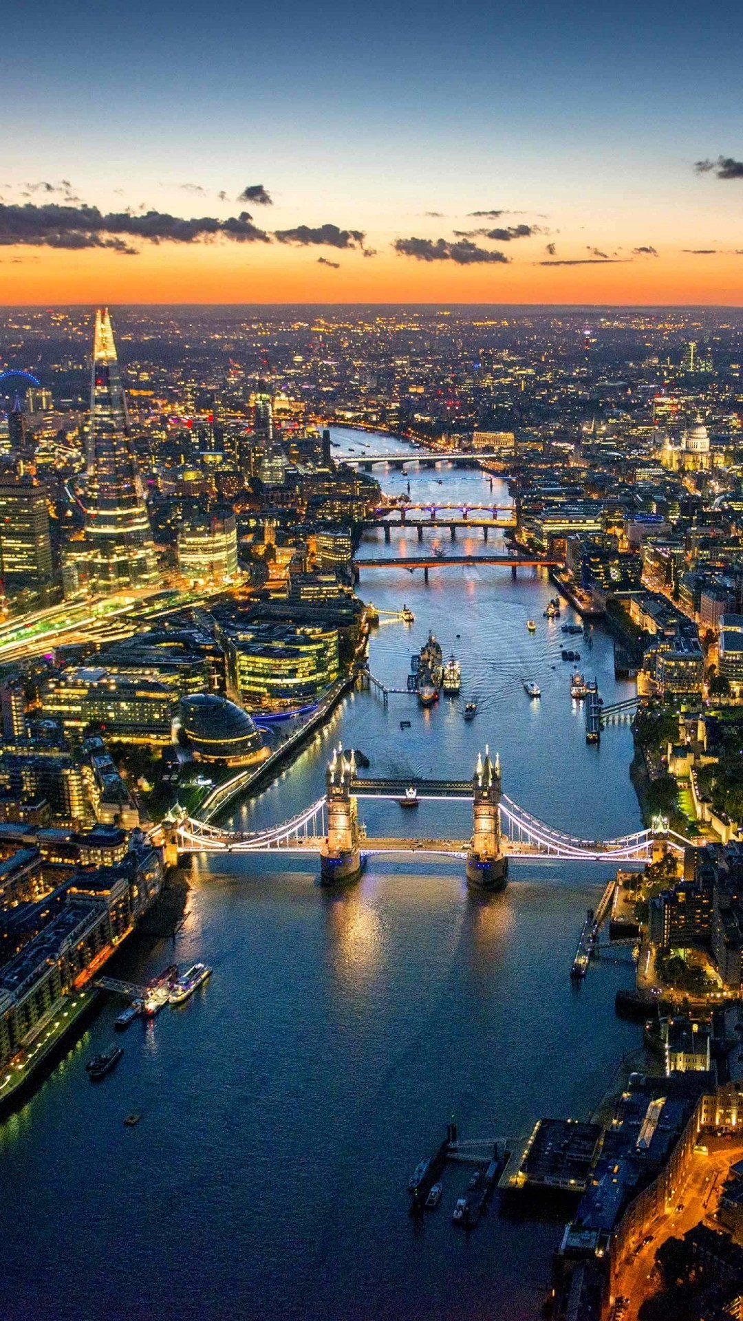 Tower Bridge, Tamigi, Londra, Vista aerea, Crepuscolo, Full HD, sfondo verticale per cellulare