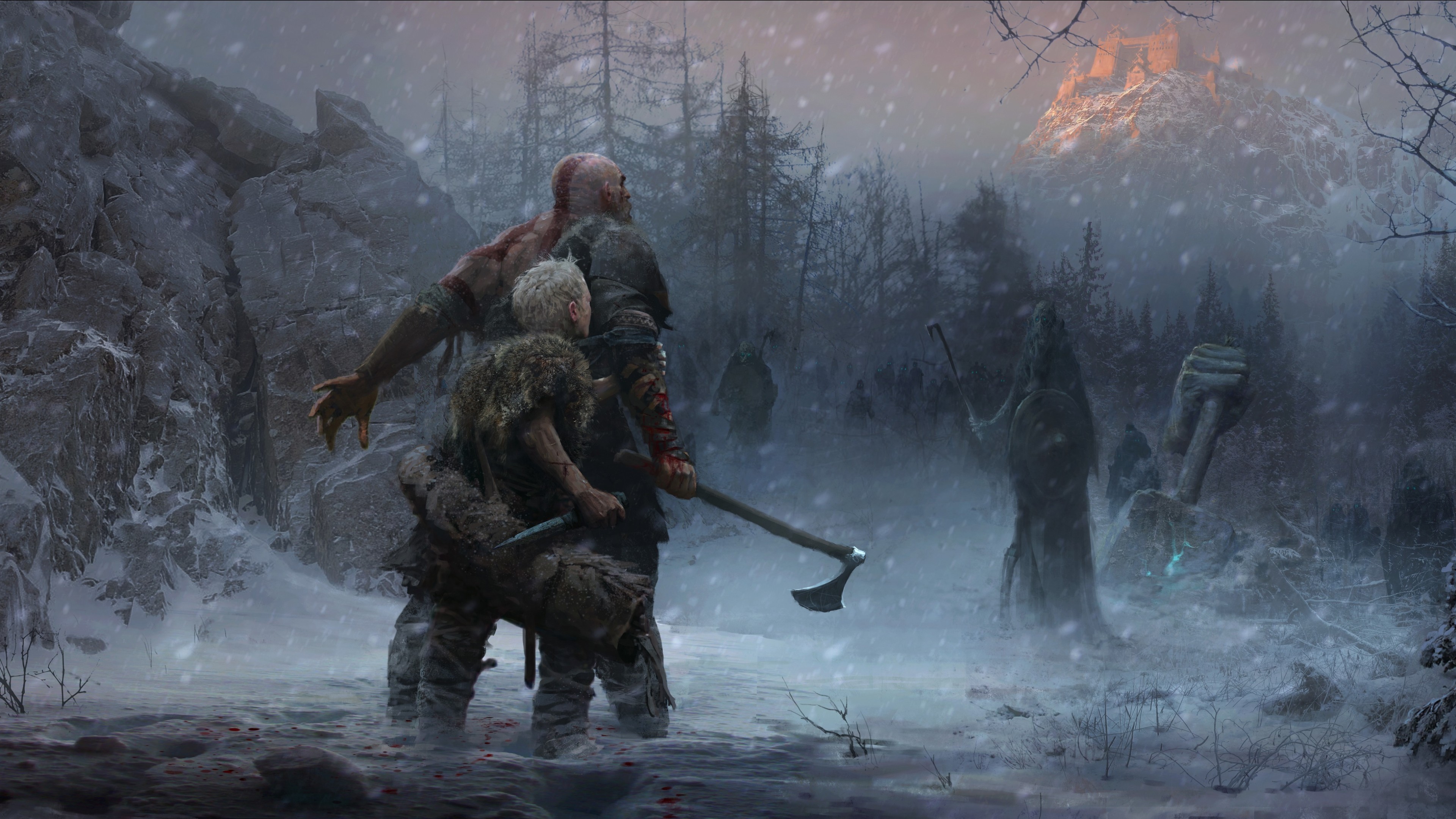 Kratos, Atreus, God of War (2018), Neve, Ascia del Leviatano, 4K, sfondo Windows 11