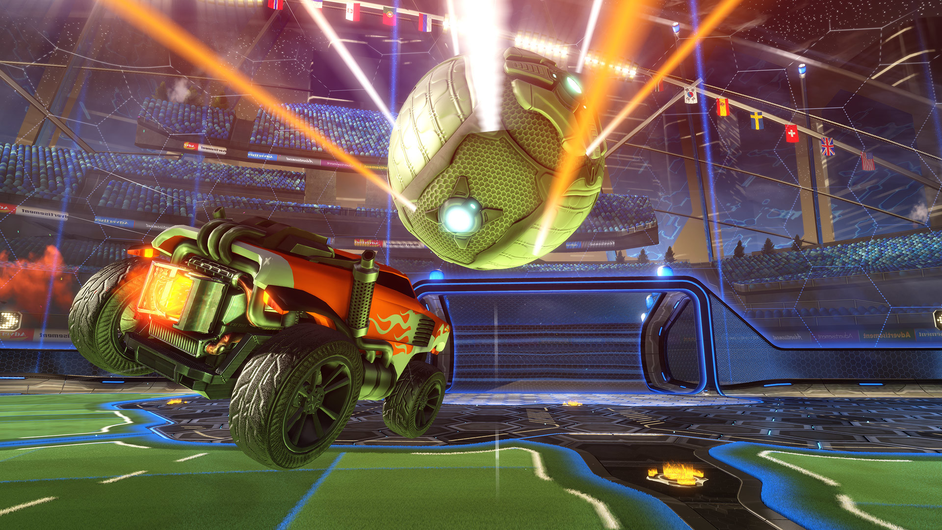 Rocket League, Pallone, Auto, Luci, Arena, 16:9 Full HD, sfondo widescreen