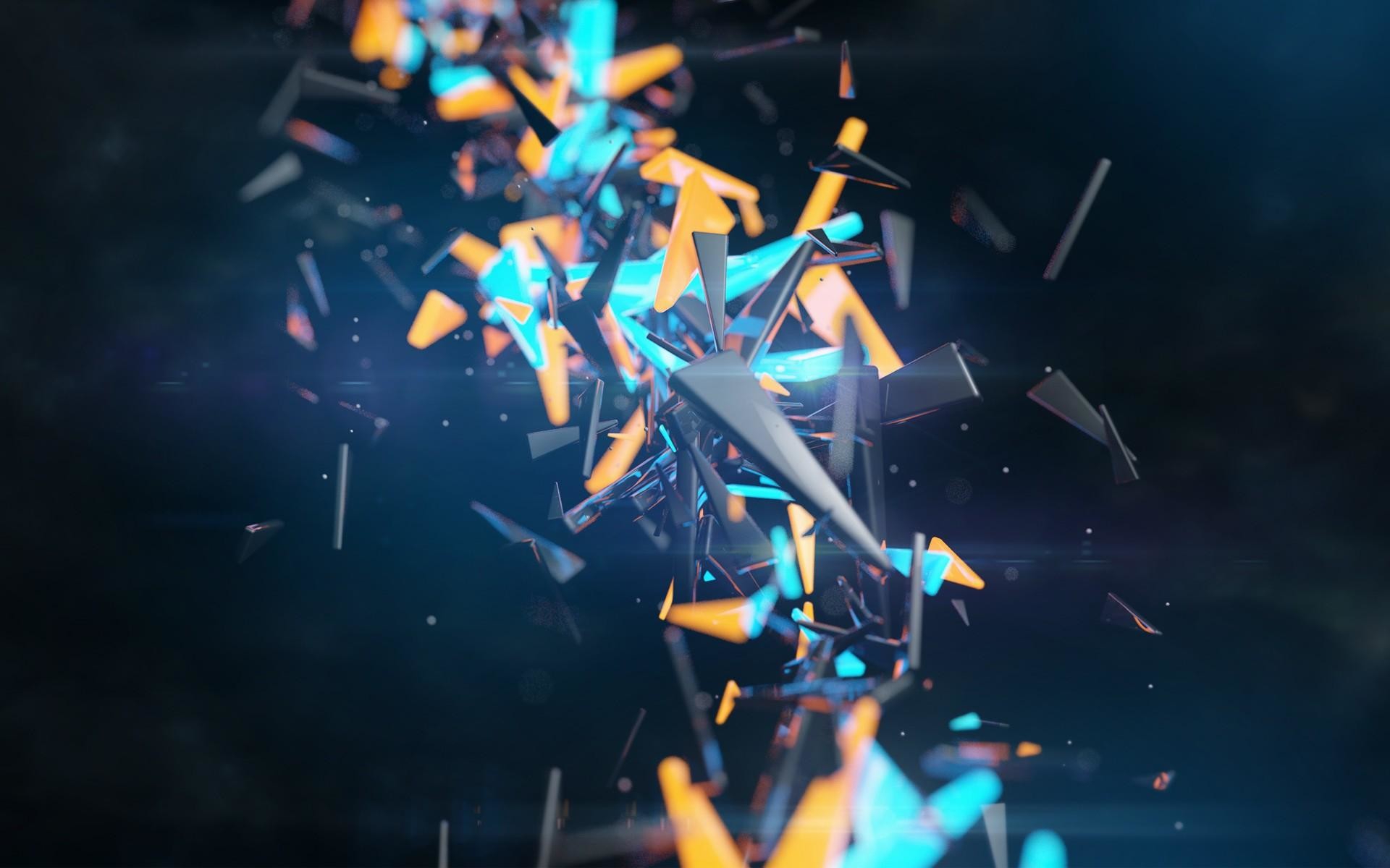 Frammenti, Rendering 3D, Arancione, Azzurro, Astratto, Full HD, sfondo per desktop