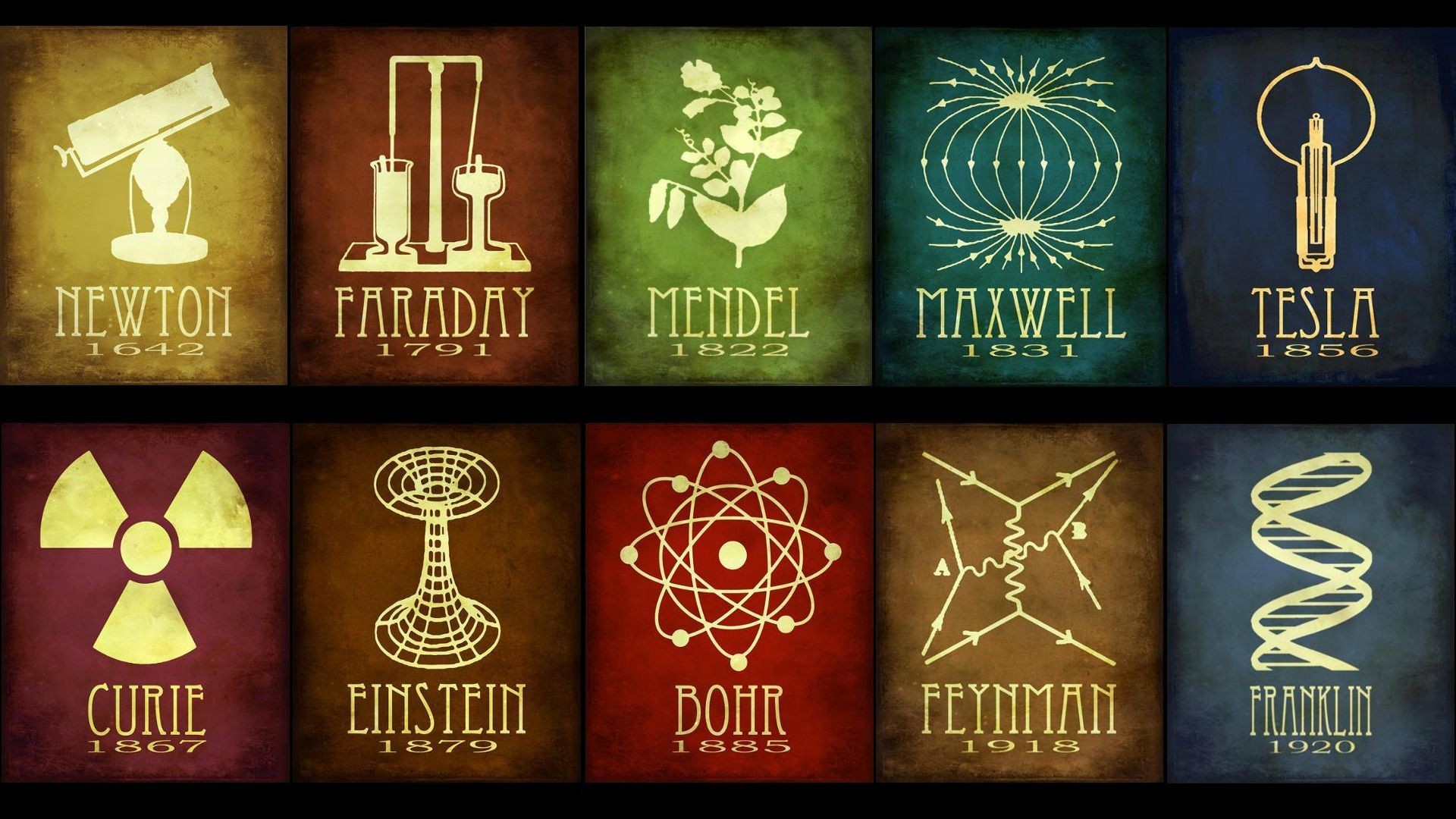 Marie Curie, Einstein, Tesla, Feynman, Ritratti di scienziati, Poster vintage, immagine di sfondo